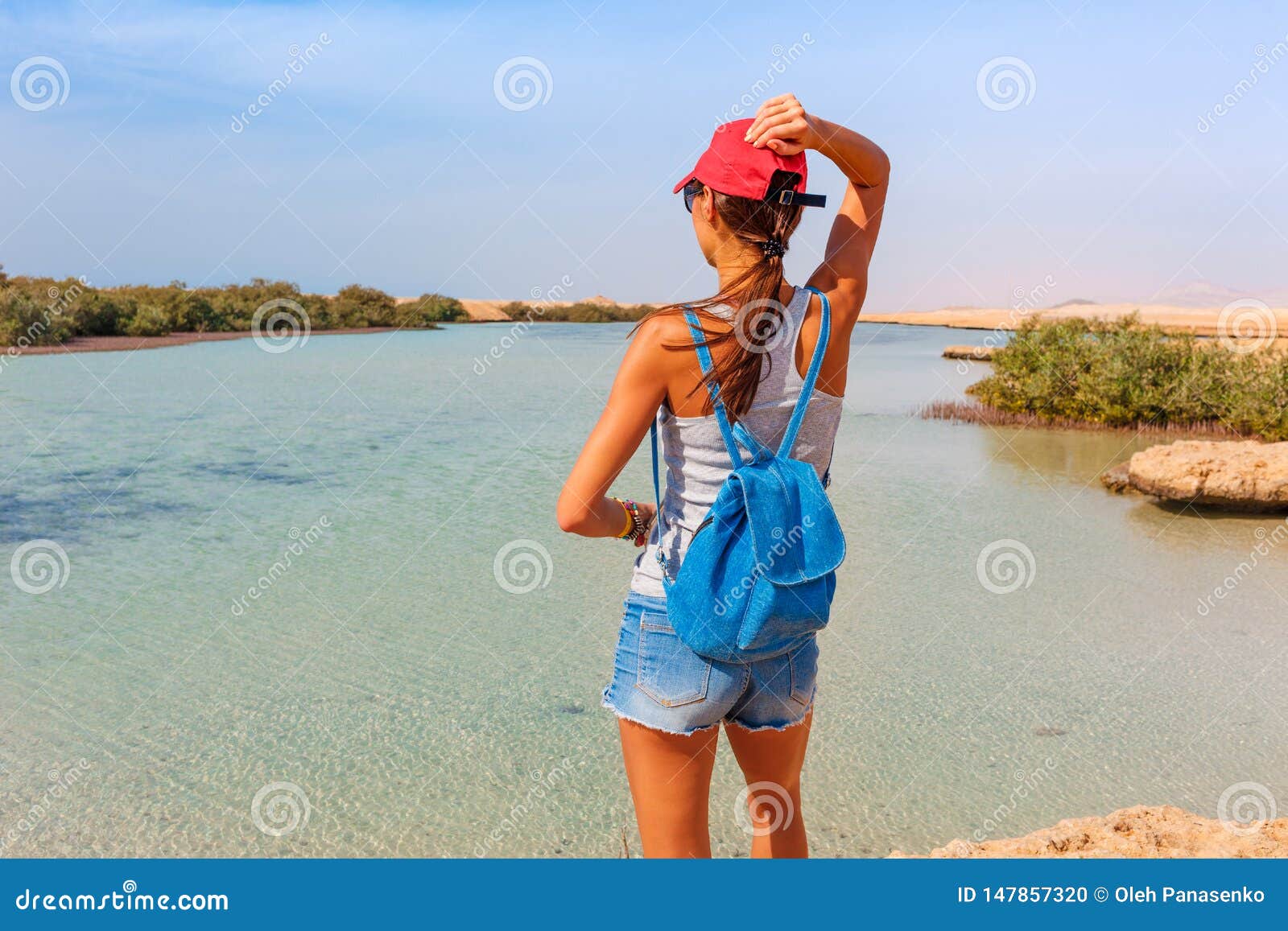 tourist woman at the red sea coast and mangroves in the ras mohammed national park. famous travel destionation in desert. sharm el