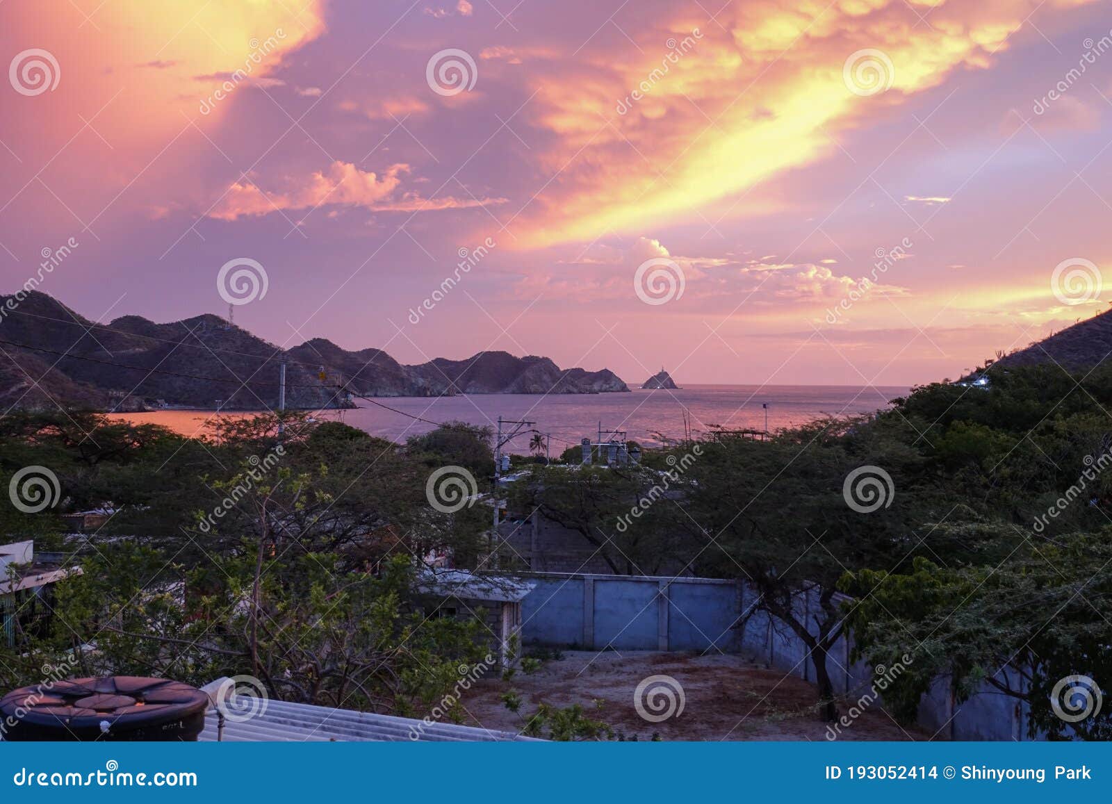 the touristic village of taganga near santa marta in beautiful sunset light colombia