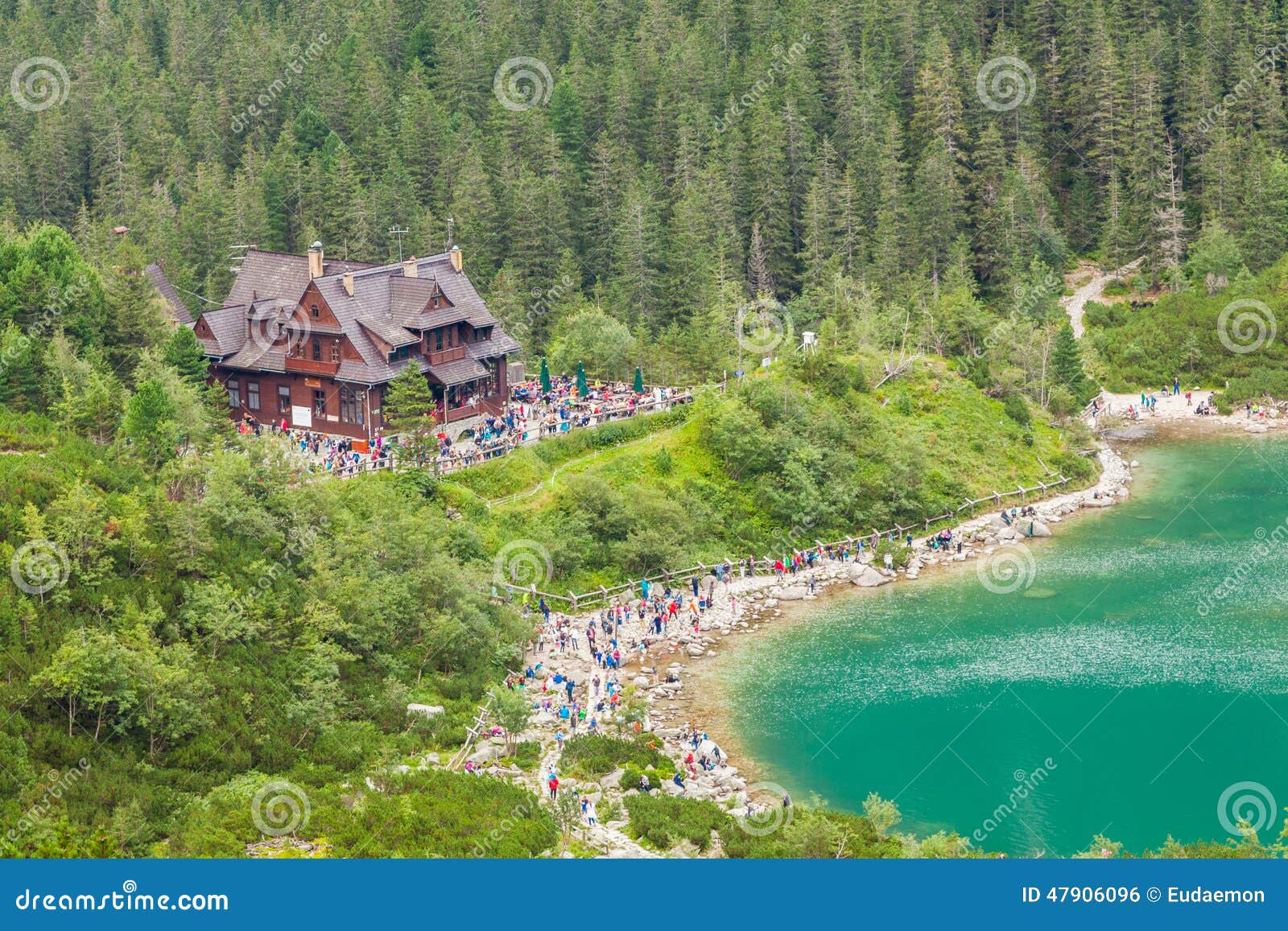 tourists at mountain chalet