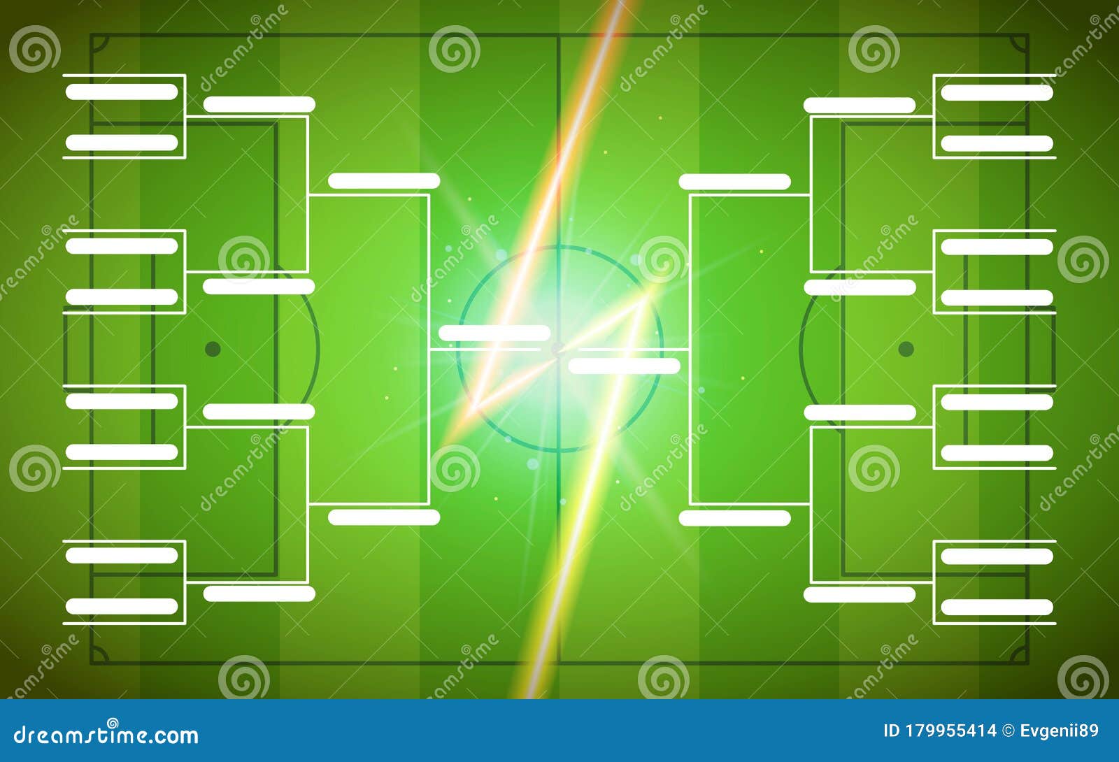 tournament bracket template for 16 teams on green soccer field background with flash