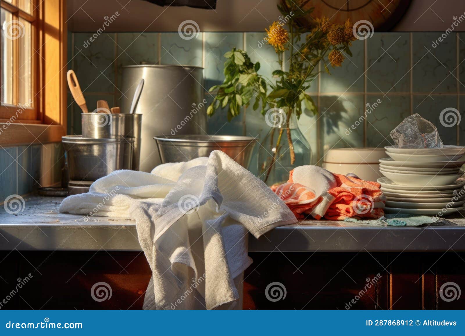 Toweldrying Clean Dishes on Countertop Stock Illustration