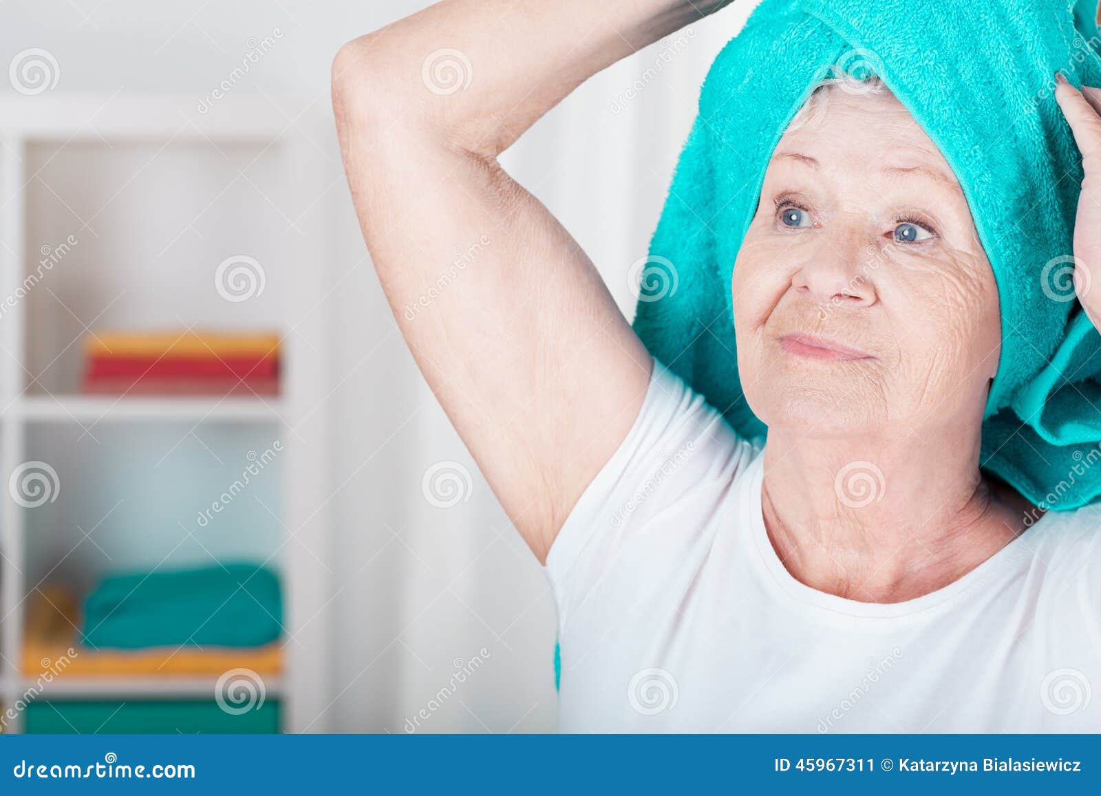 Towel on the head stock image. Image of inside, indoors 45967311