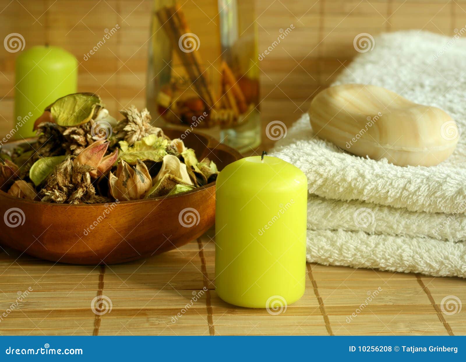 Towel, Soap, Candle and Natural Herbal Ingredient. Stock Photo Image