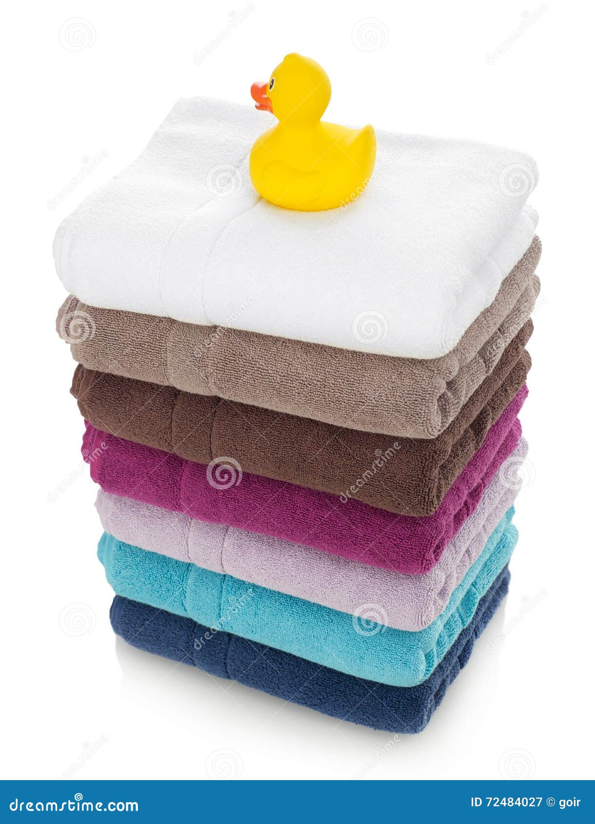 Towels and rubber duck stock image. Image of colored 72484027