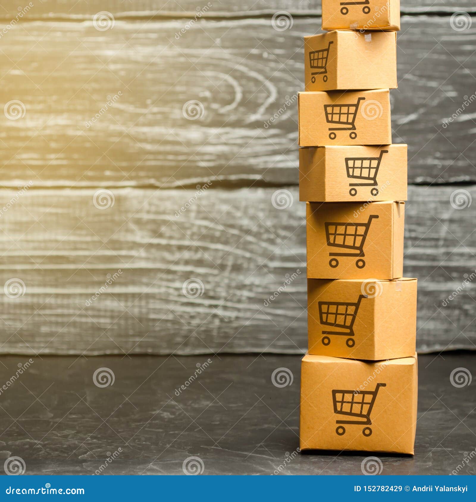 Tower of Cardboard Boxes with Pattern of Shopping Carts. Purchasing