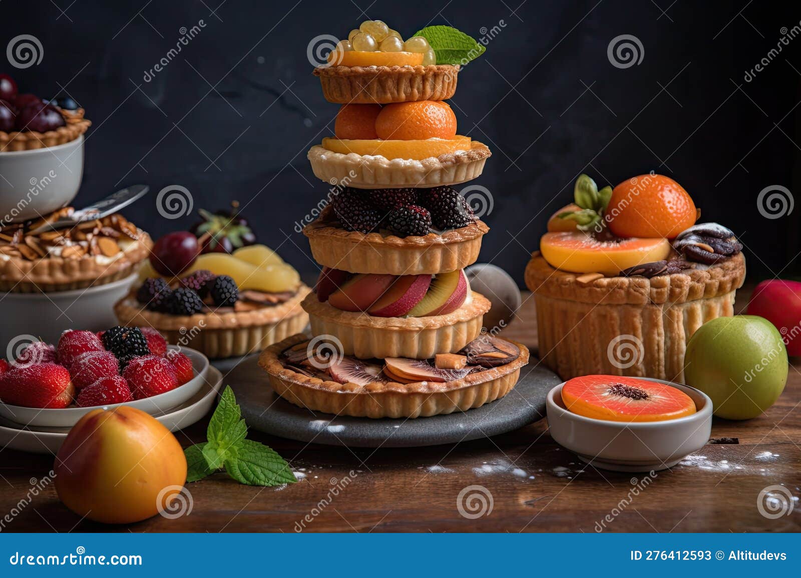 Tower of Fruit Pies, with Each Pie Topped with a Different Fruit Stock