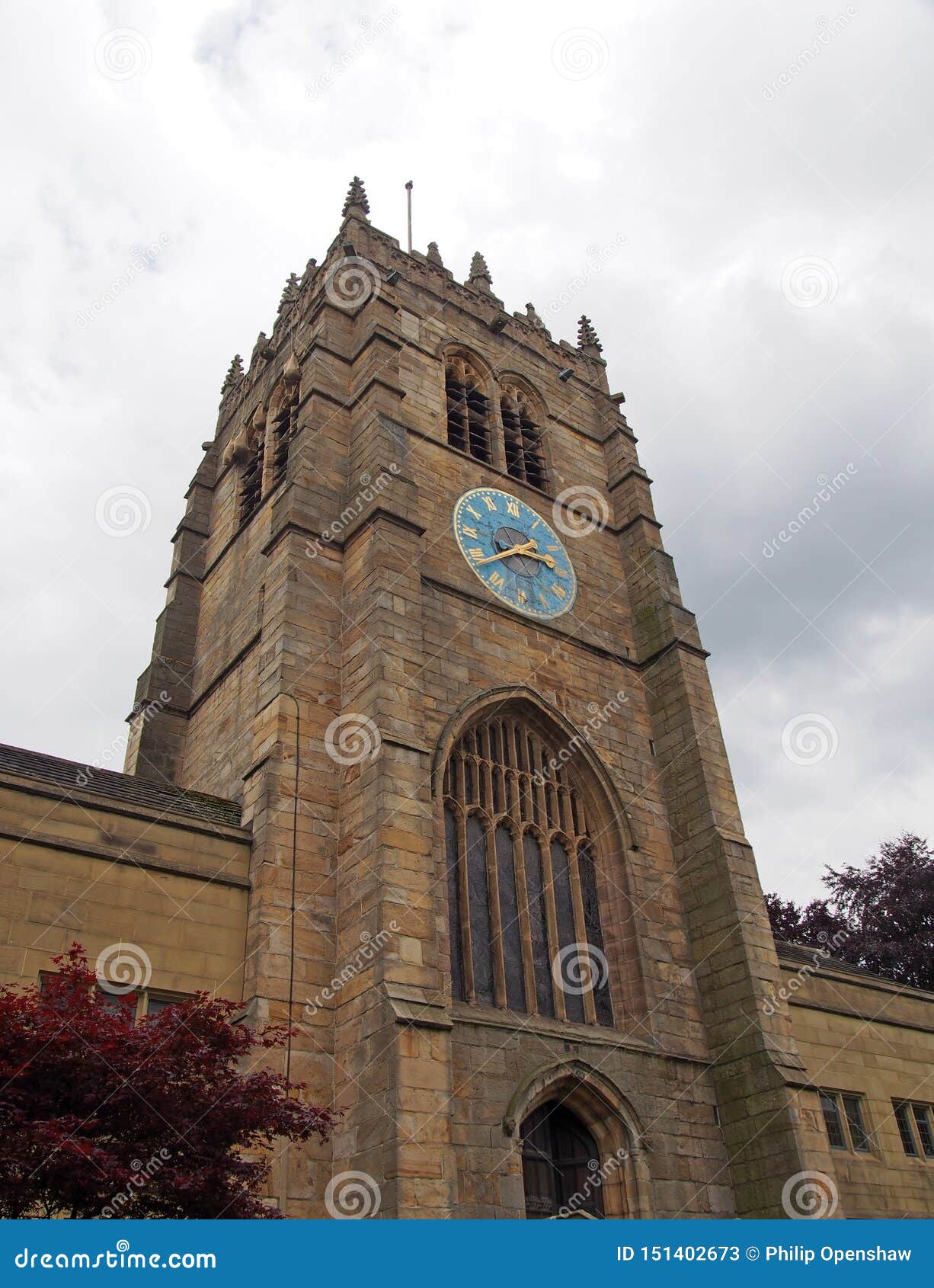 The Tower of Medieval Bradford Cathedral in West Yorkshire with Clock