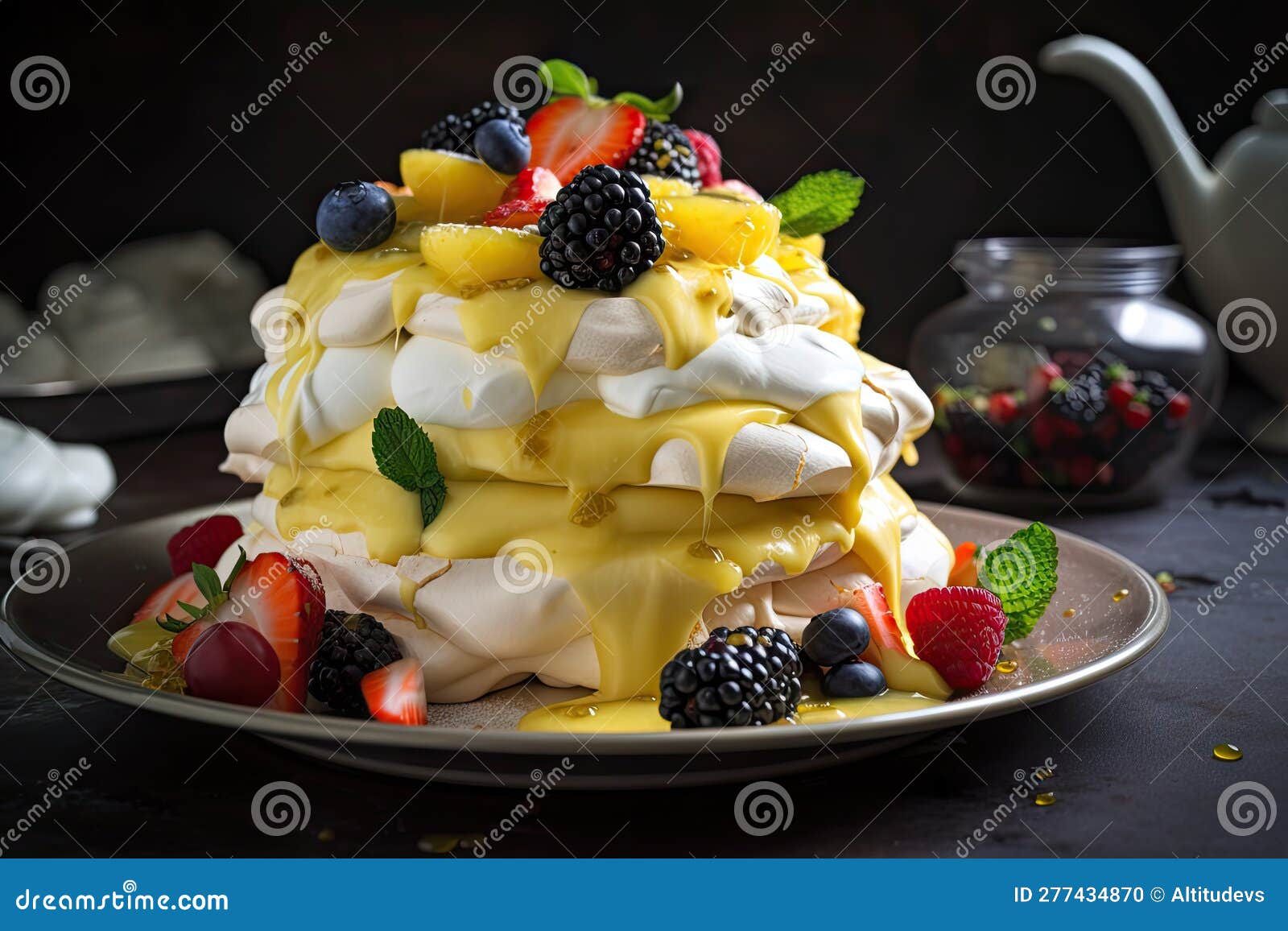 Towering Meringue Dessert with Fresh Fruit and Custard Sauce Stock