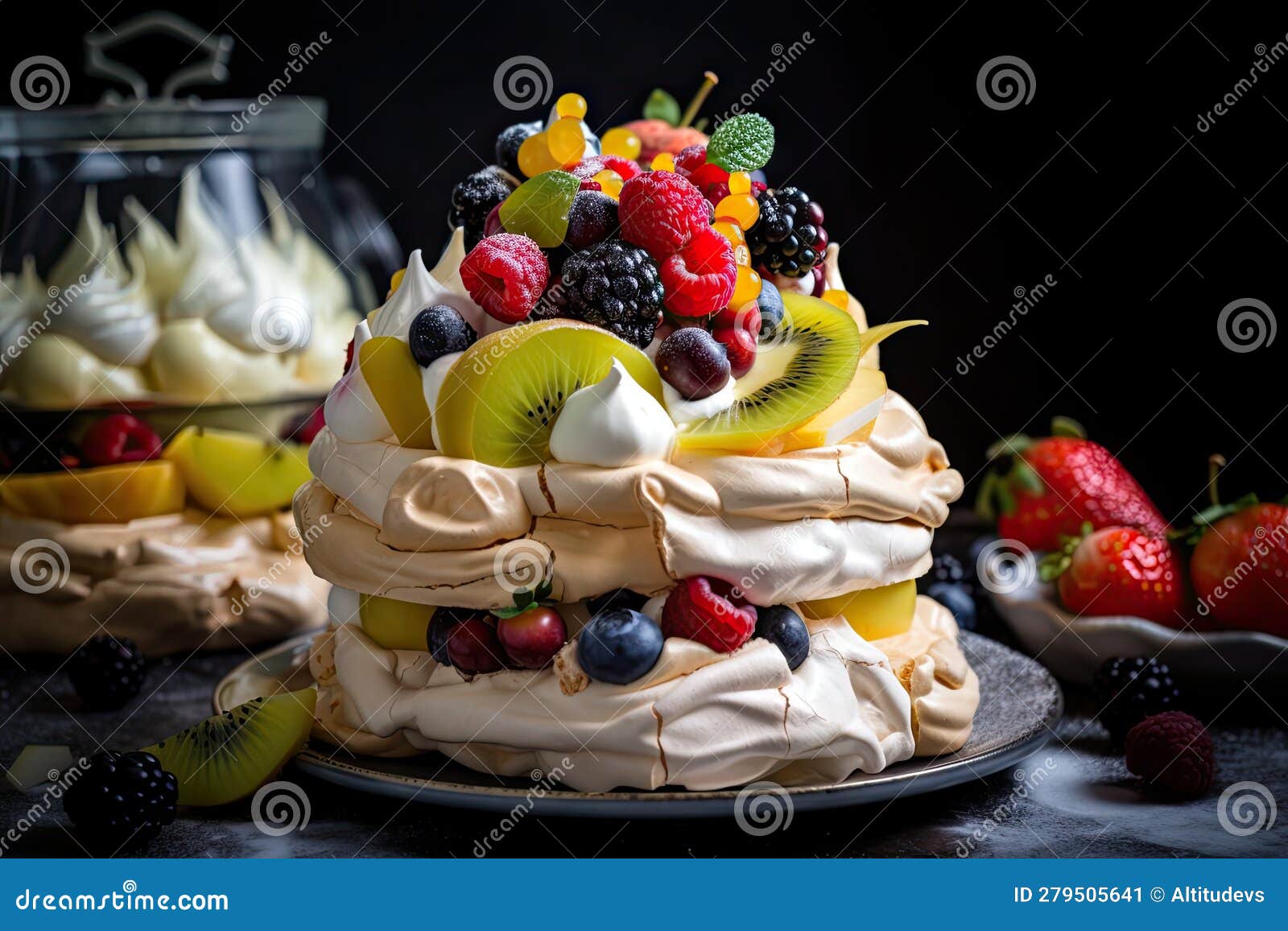 Towering Meringue Dessert with Fresh Fruit and Custard Sauce Stock