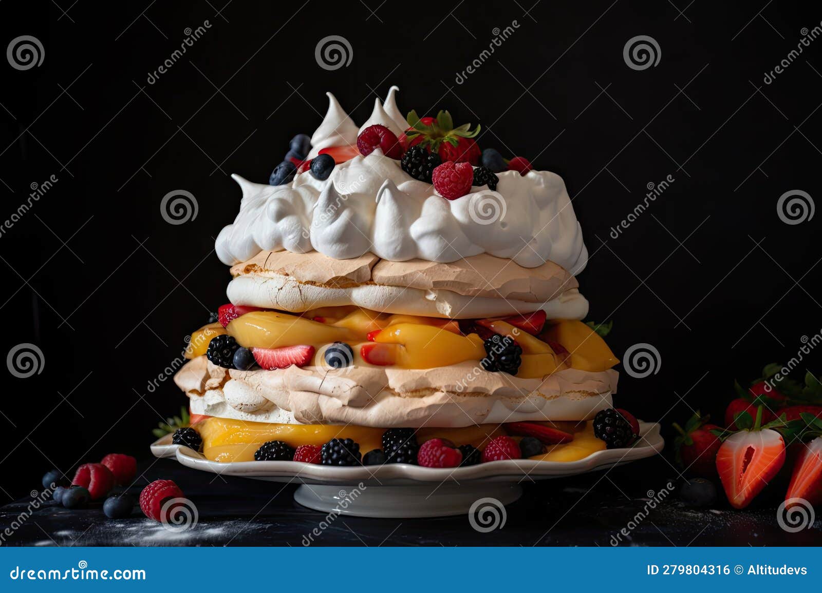 Towering Meringue Dessert with Layers of Fruit and Whipped Cream Stock