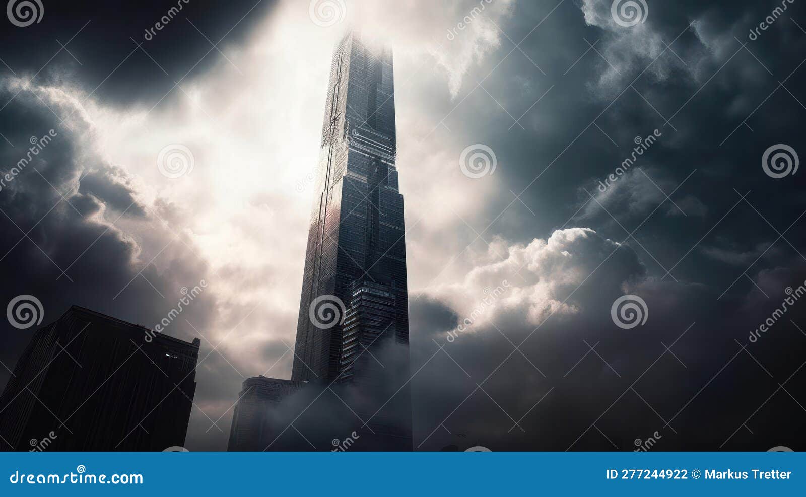 A Towering Skyscraper Piercing through a Cloud-filled Sky in a Bustling