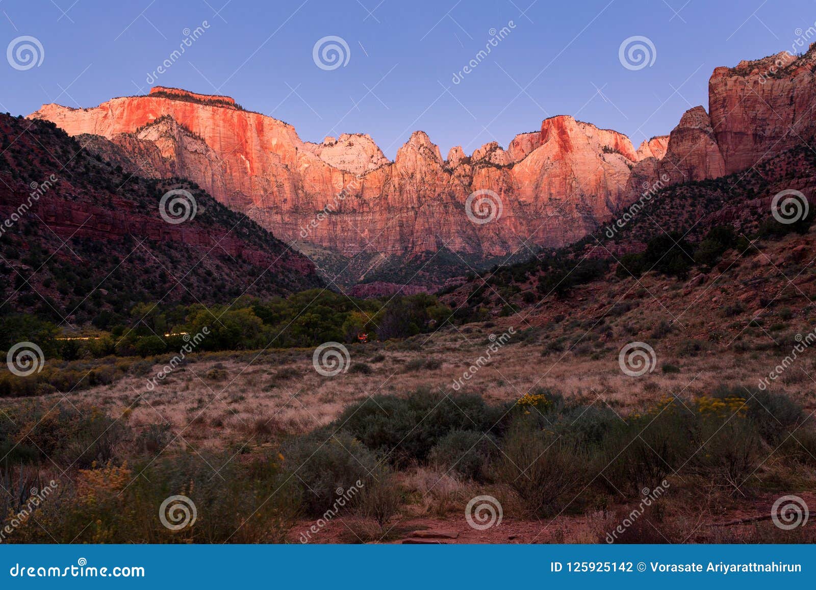 Moonlight At Towers Of The Virgin Zion National Park Utah Stock Photo