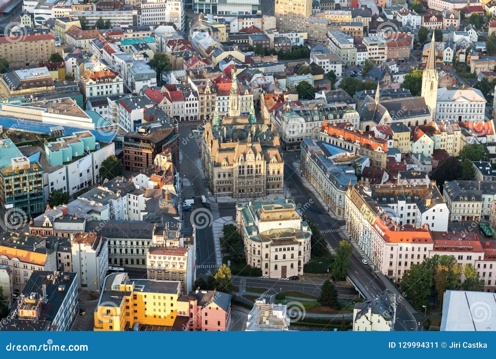 town hallm theathre and the city center of liberec. aerial shot