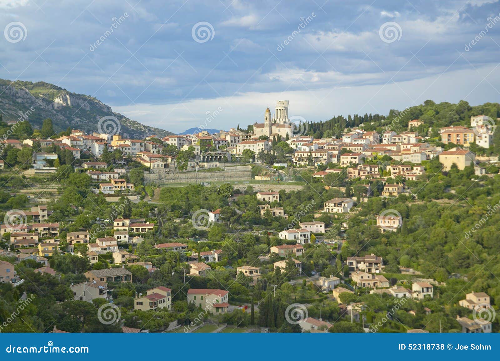 town of la turbie with trophee des alpes and church, france