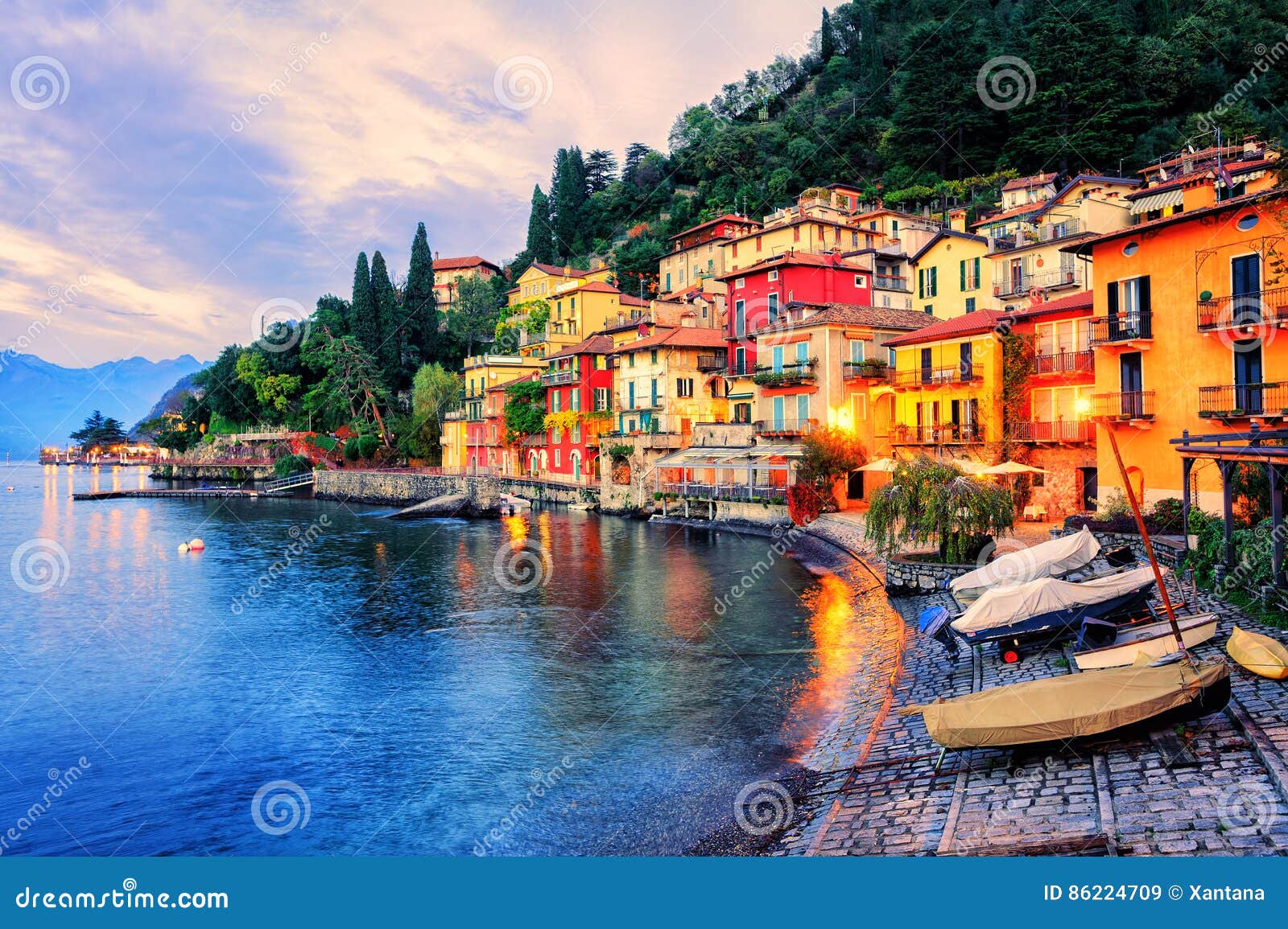 town of menaggio on sunset, lake como, milan, italy