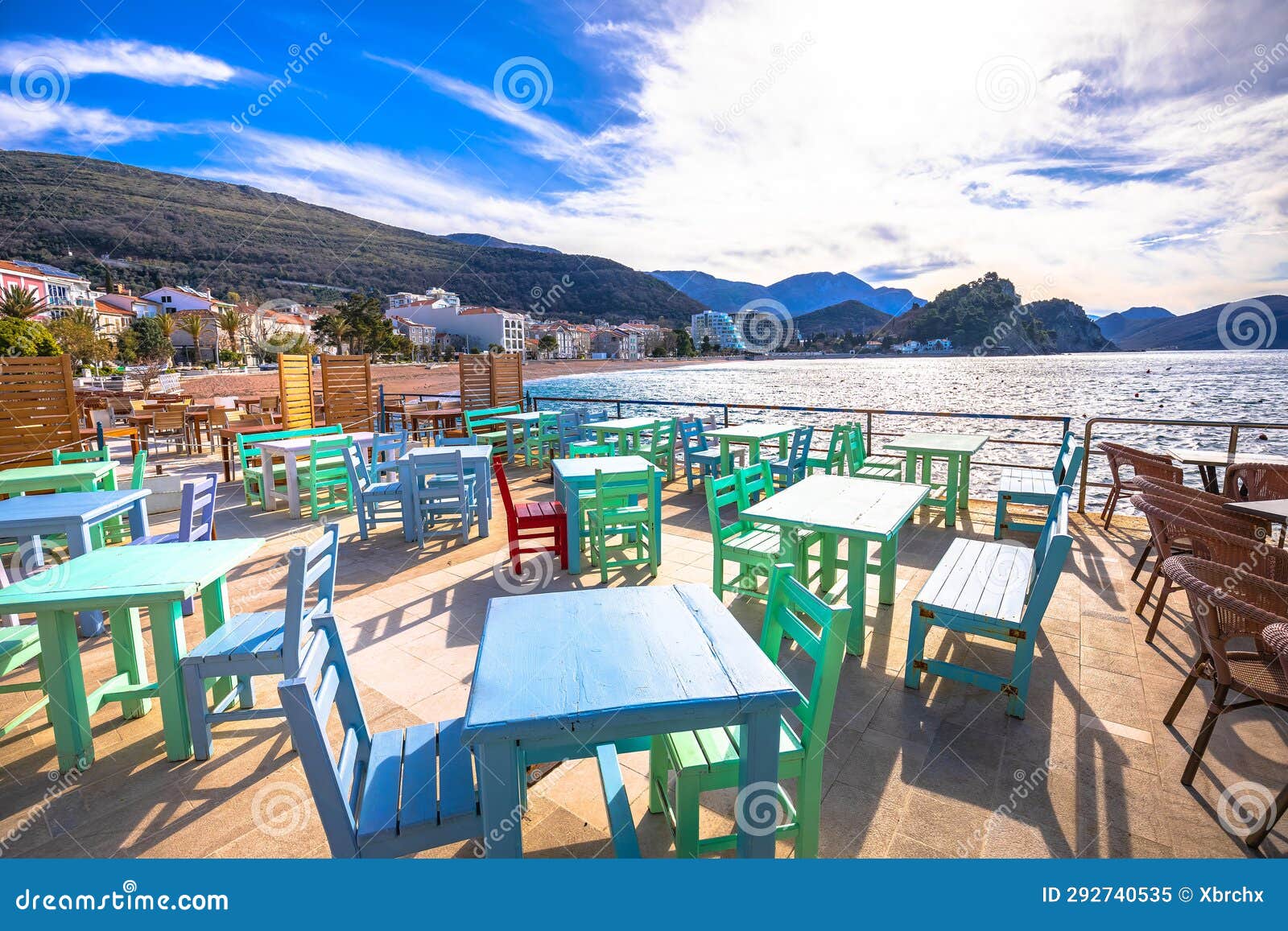 town of petrovac beach and seafront cafe view