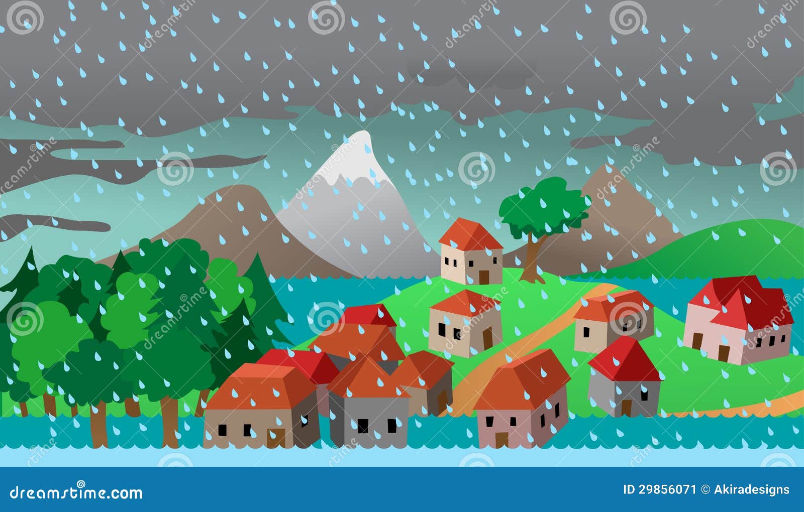 Town or Village Houses in Flood Stock Vector - Illustration of