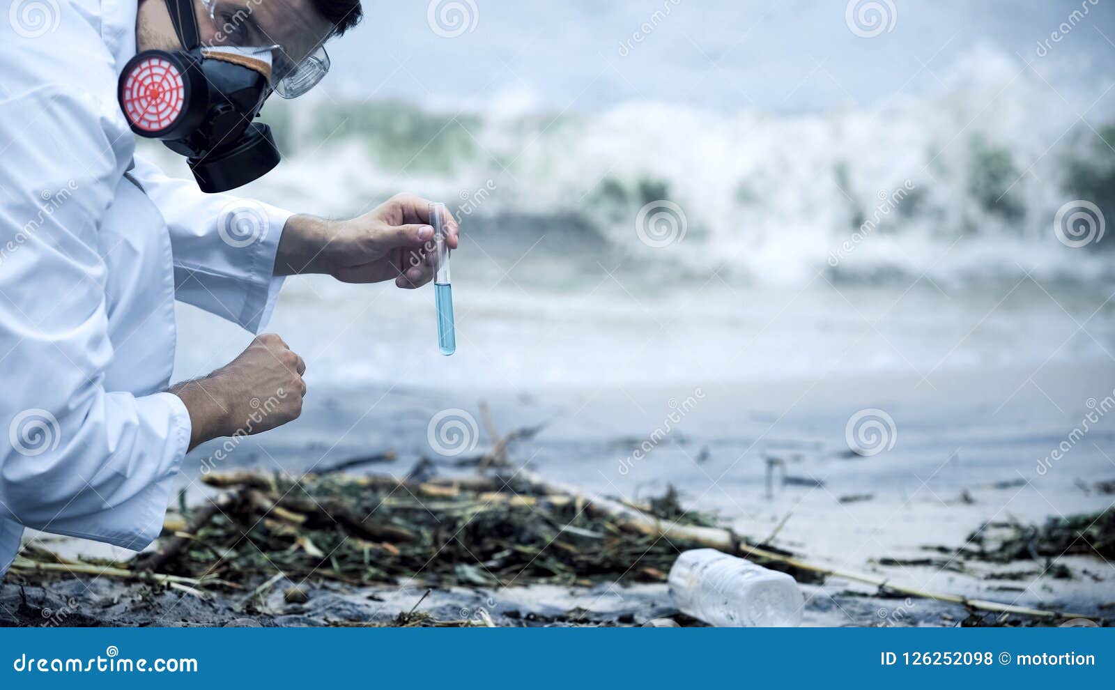 Toxicologist Checking Polluted Water, Splashing on Shore, Environmental