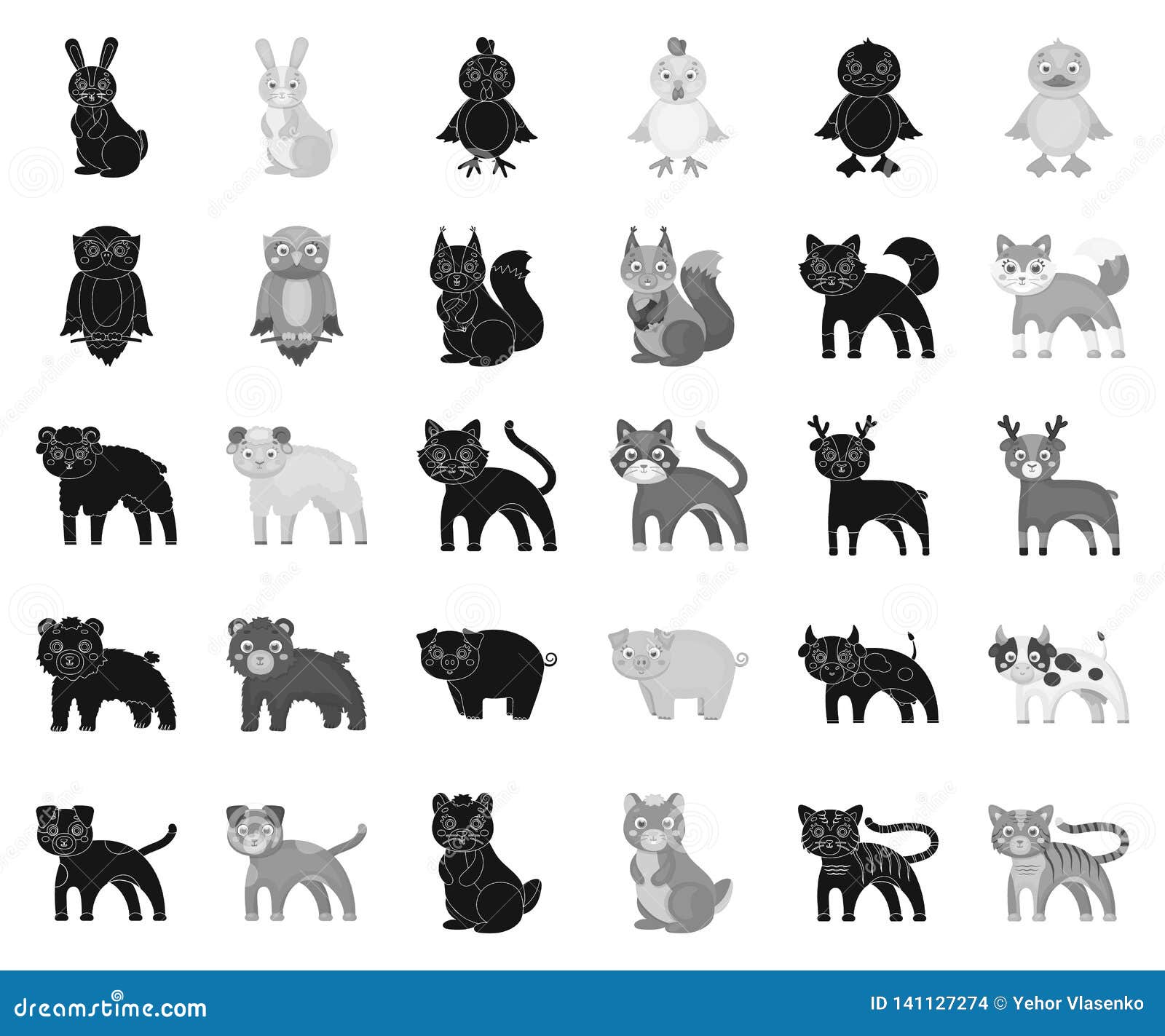 toy animals black,monochrome icons in set collection for . bird, predator and herbivore   stock web