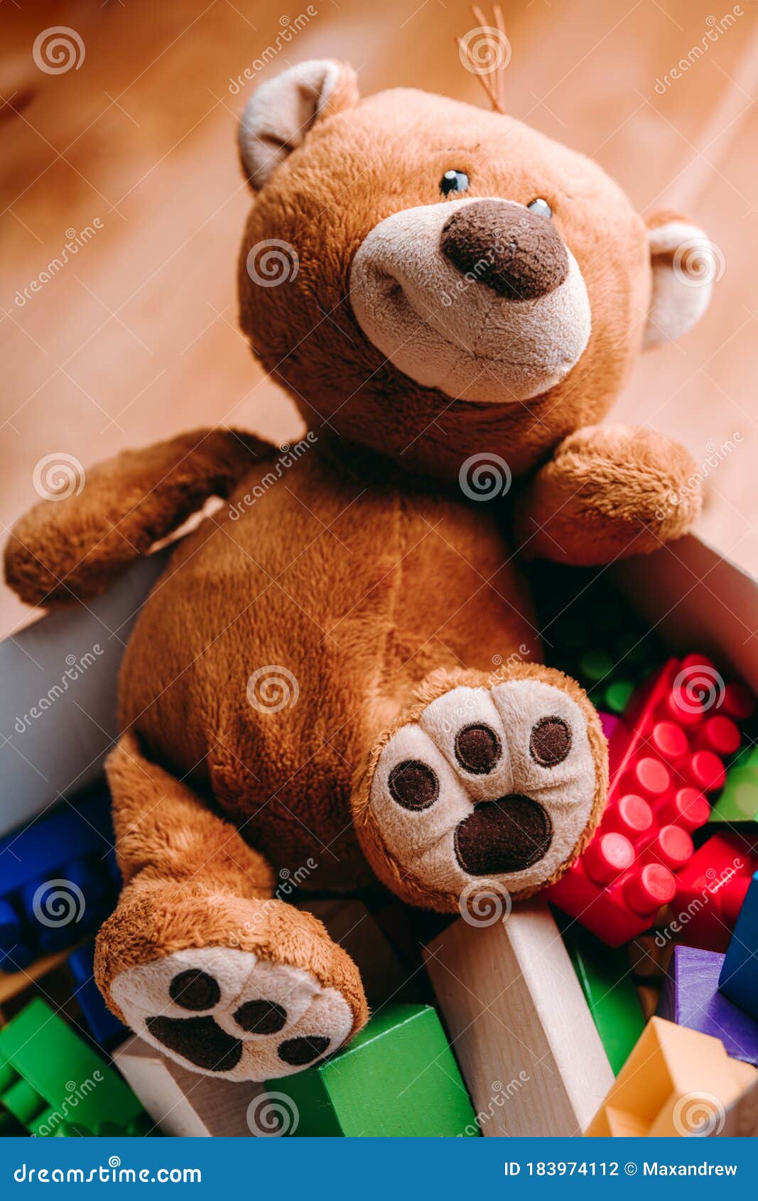 Toy Box with Different Blocks and Teddy Bear Stock Photo Image of