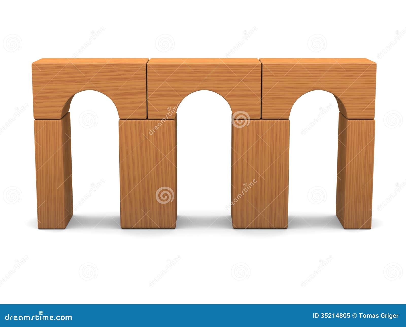 Toy bridge made of wooden blocks isolated on white background.