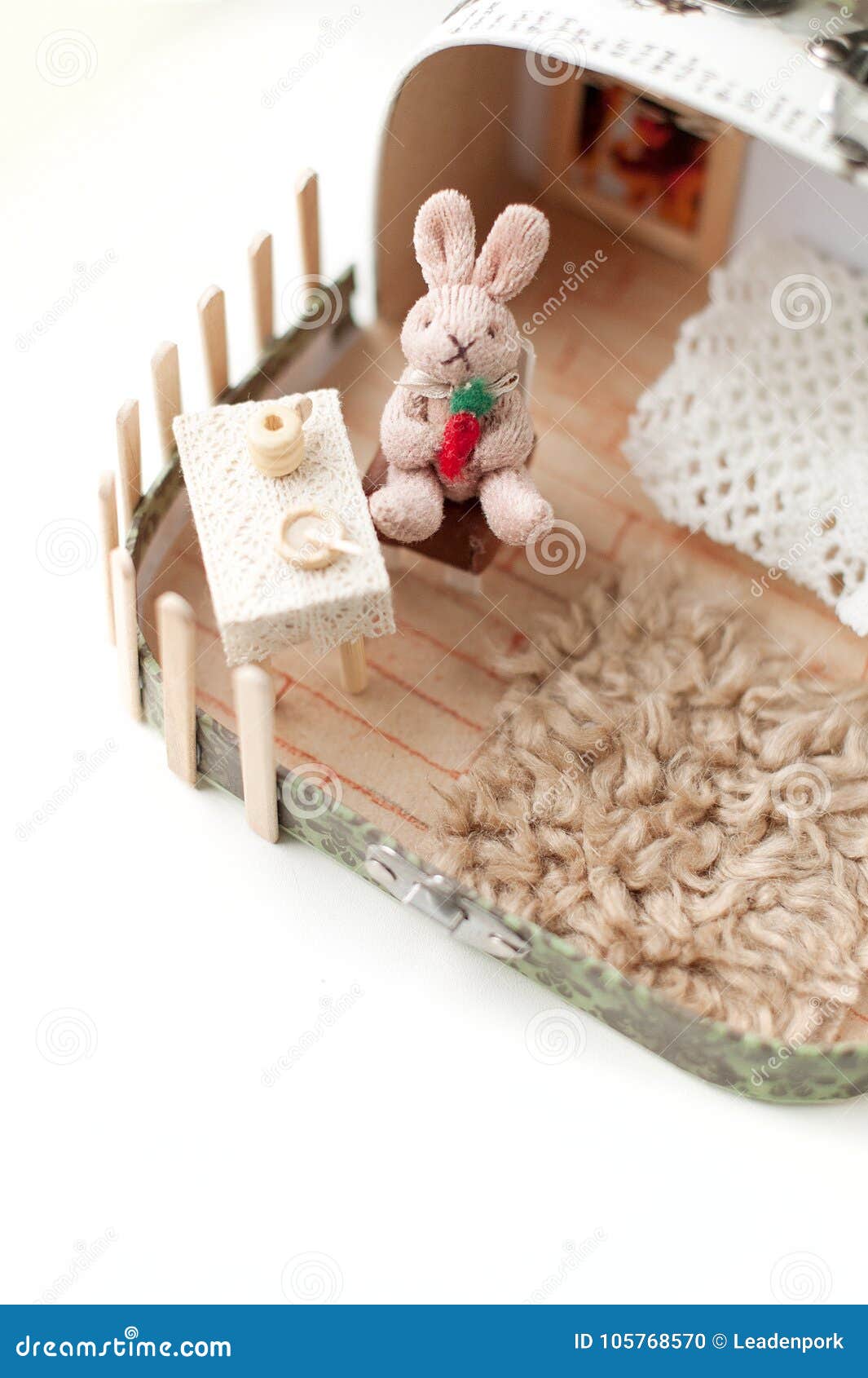 Toy bunny in a toy house stock photo. Image of dinner 105768570