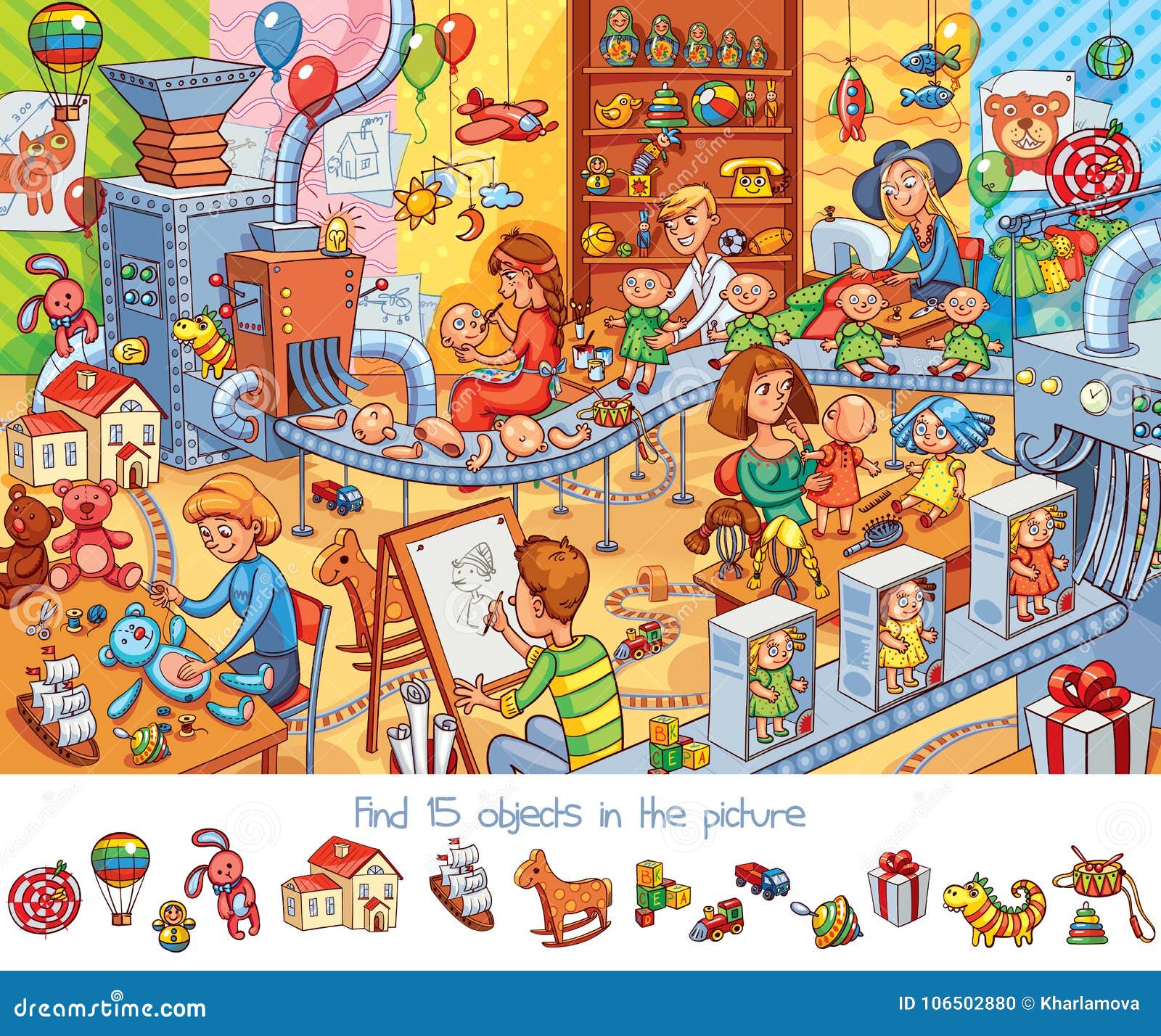 toy factory. find 15 objects in the picture