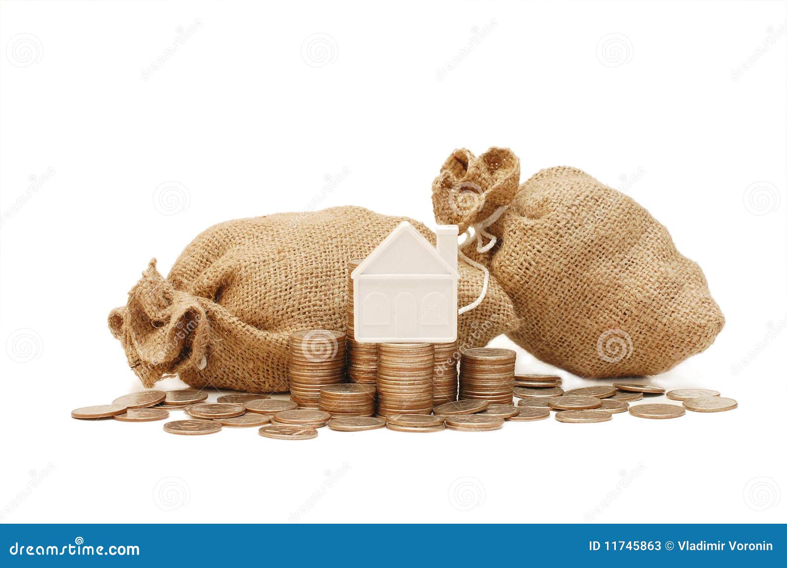 The Toy House on Bags with Coins Stock Image Image of financial