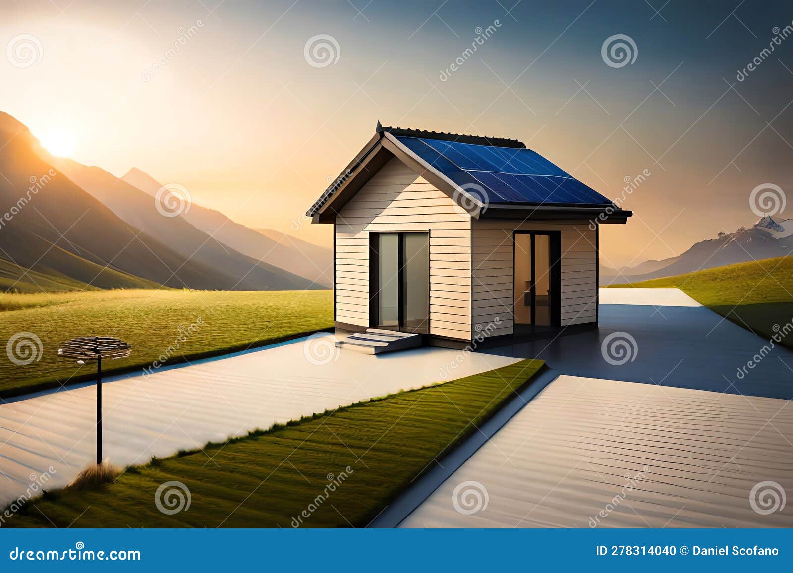 Toy House with Solar Panels and Stack of Coins. Generative AI Stock