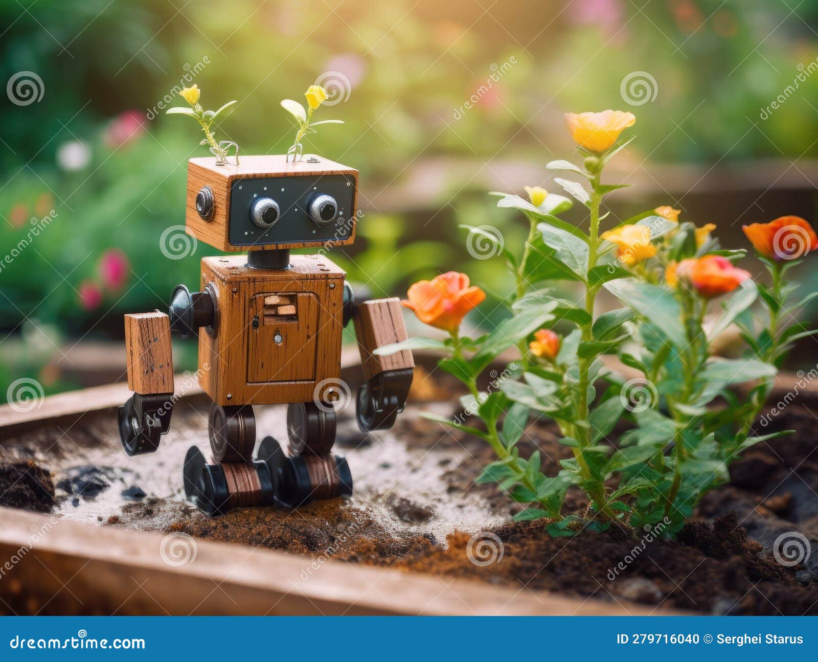 A Toy Robot Sitting in a Flower Pot. Generative AI Image. Stock