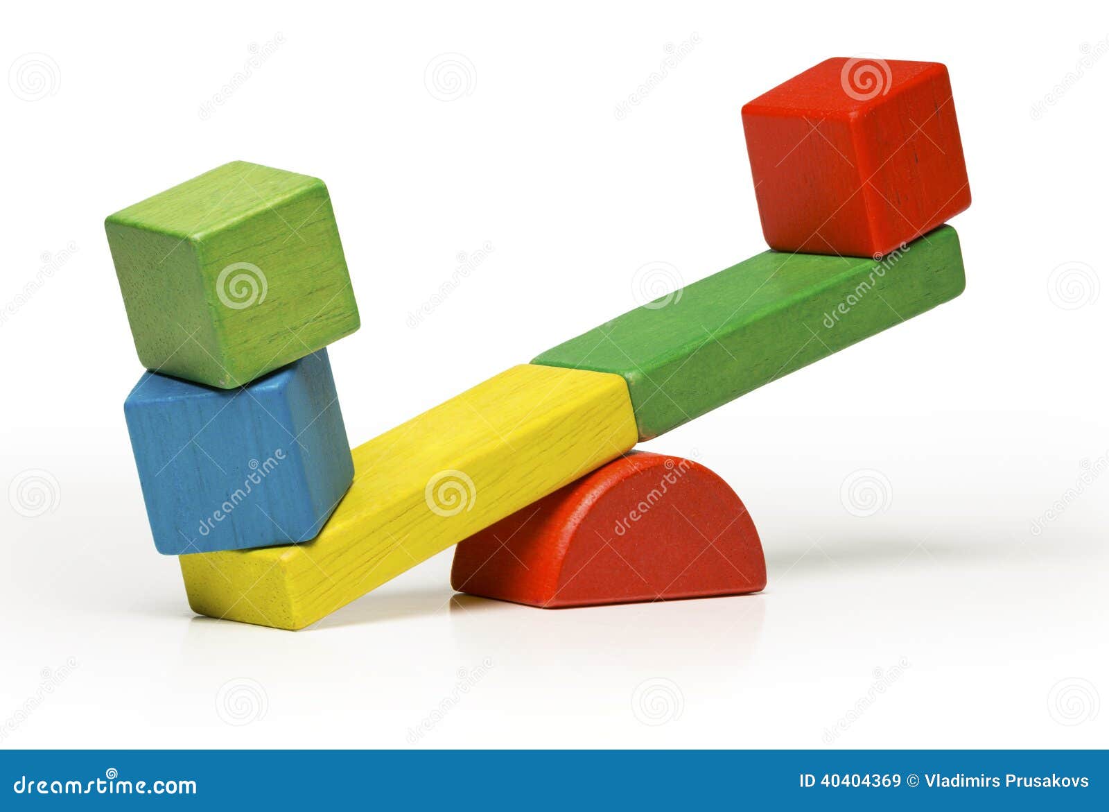 Toys seesaw wooden blocks, teeter totter on white background balance 