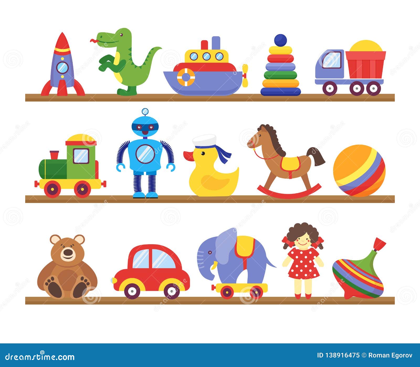toys on shelves. cartoon toy on baby shopping wooden shelf. dinosaur robot car doll  