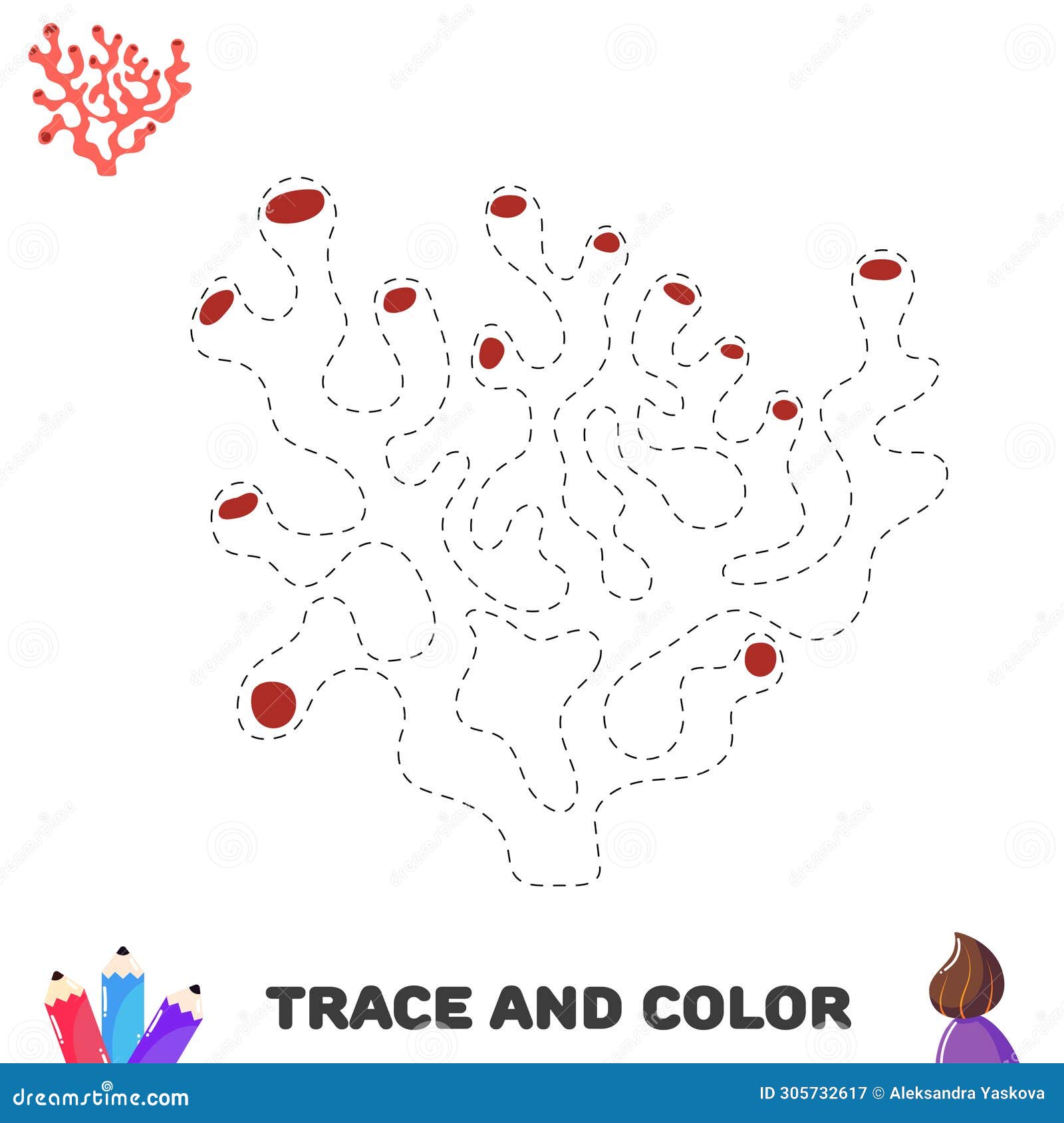 trace and color coral. handwriting practice. educational worksheet for kids
