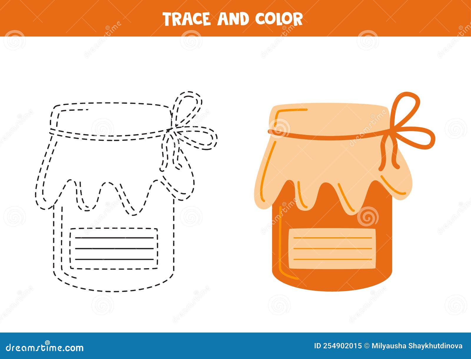 Trace and Color Cute Hand Drawn Jam. Worksheet for Children Stock