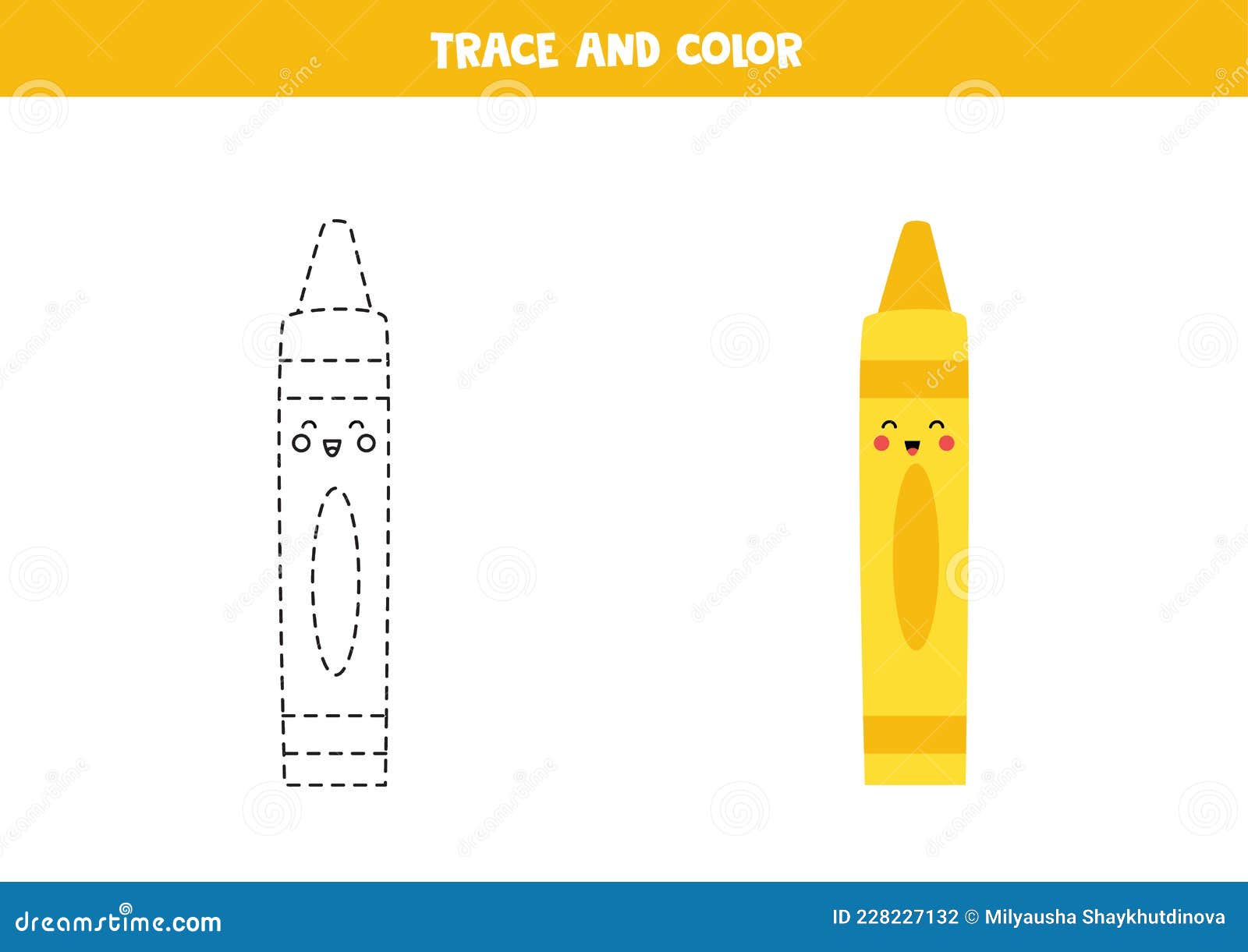 Trace and Color Cute Kawaii Crayon. Worksheet for Kids. Stock Vector -  Illustration of drawing, school: 228227132