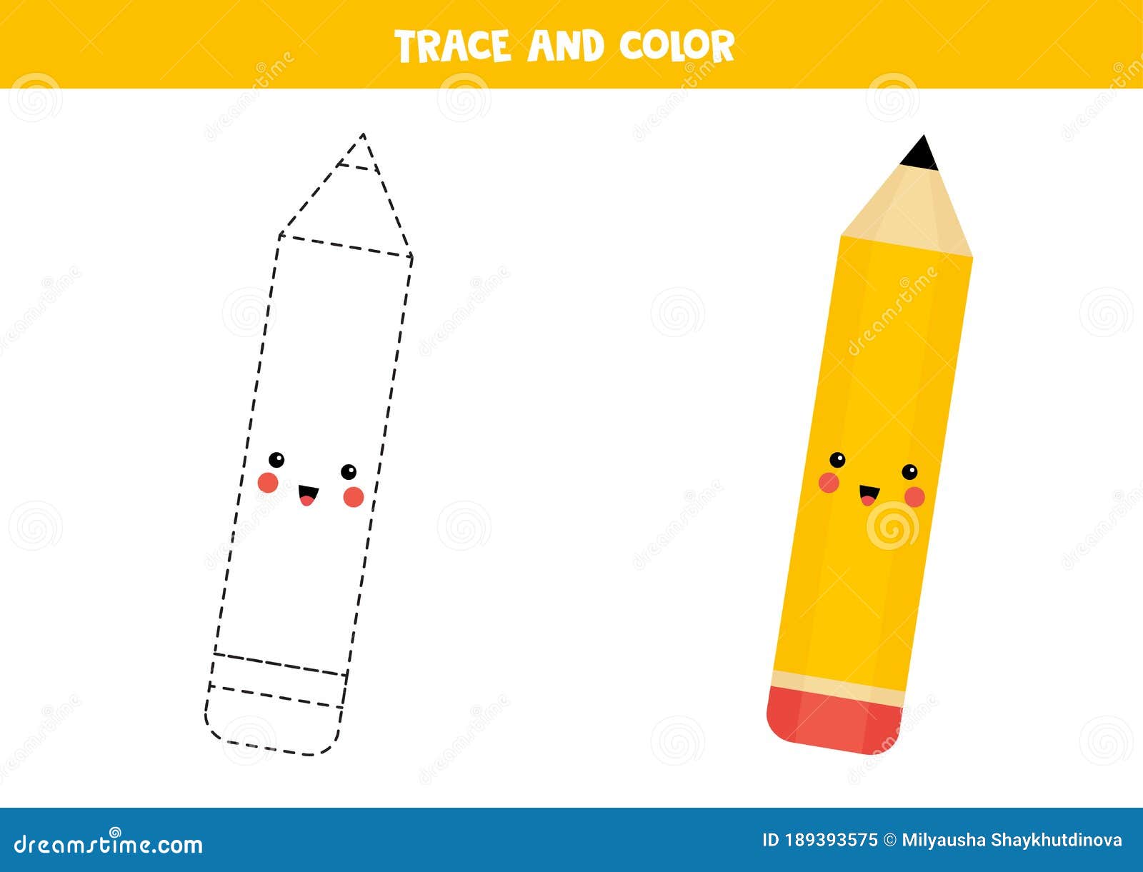 Trace and Color Cute Kawaii Pencil. Educational Worksheet. Stock