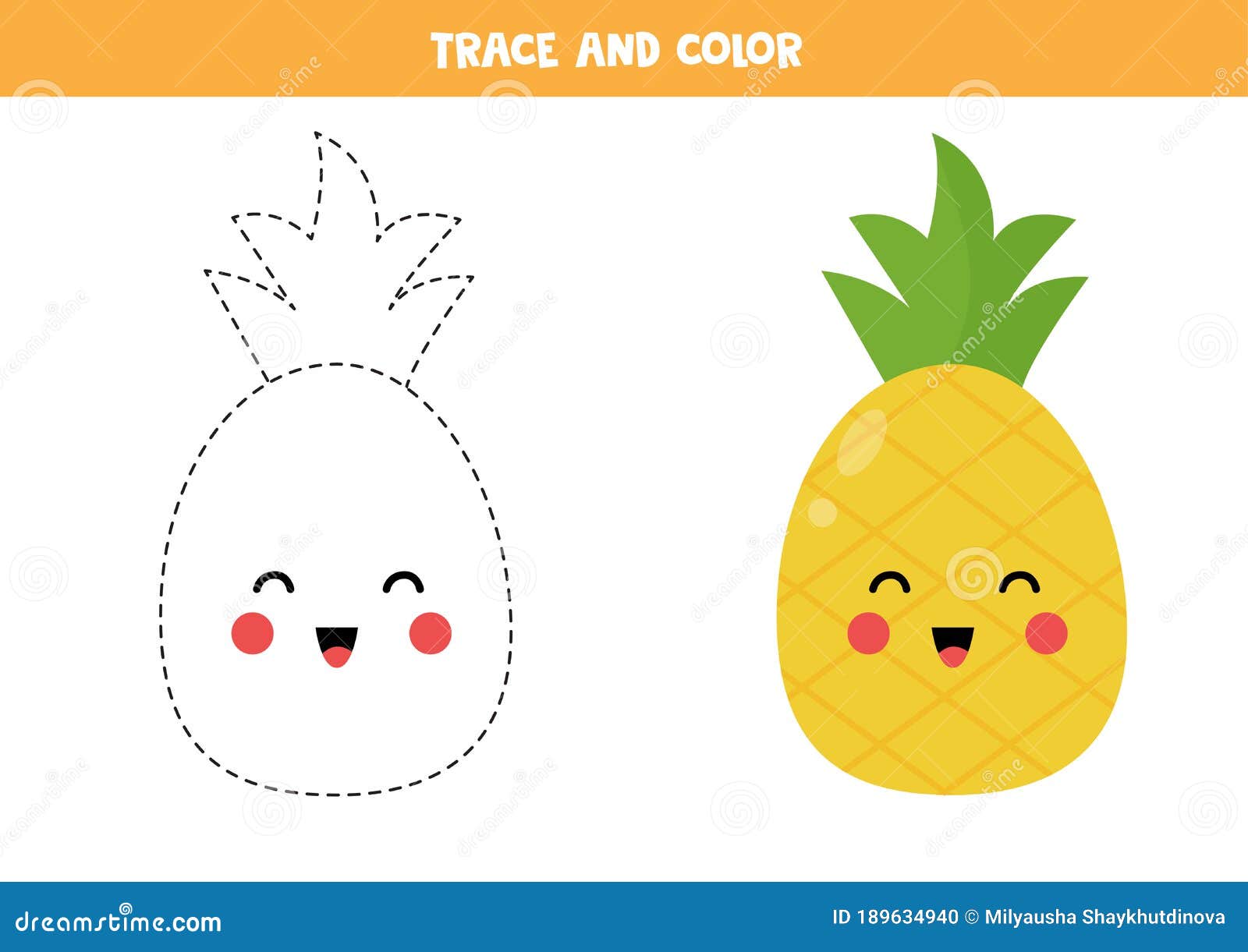 Trace and Color Cute Kawaii Pineapple Fruit Stock Vector ...