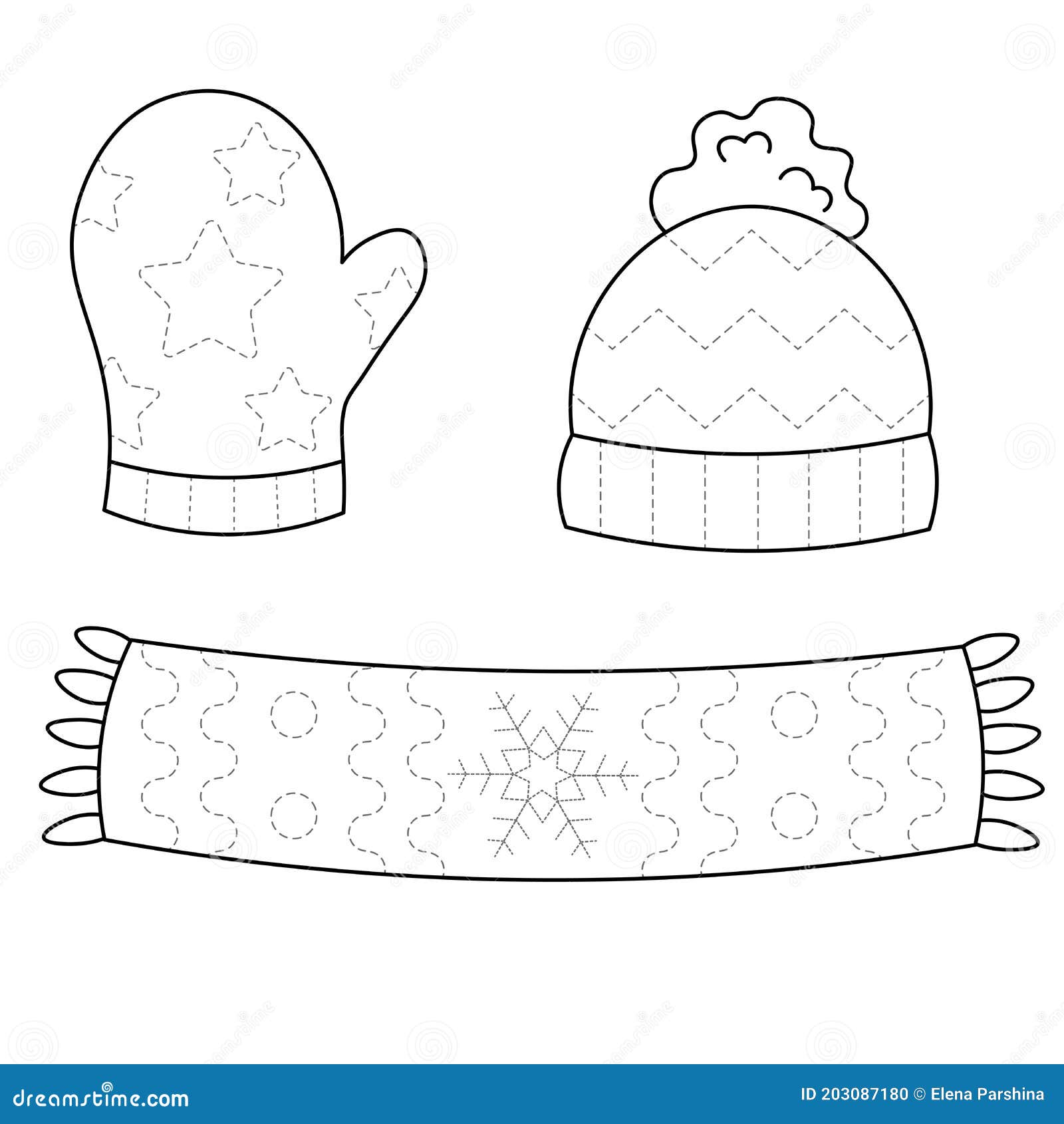 trace and color hat mitten and scarf handwriting practice for kids set of winter clothes isolated on white background stock vector illustration of line colouring 203087180