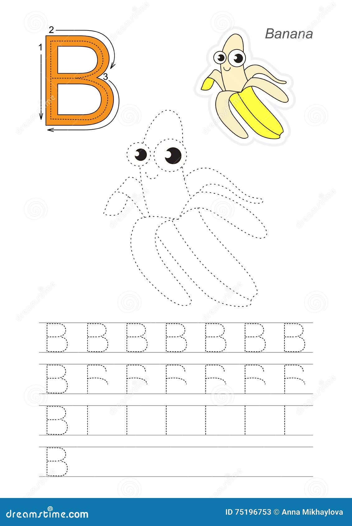 Trace Game For Letter B. The Yellow Banana. Stock Vector - Illustration of cartoon, fruit: 75196753