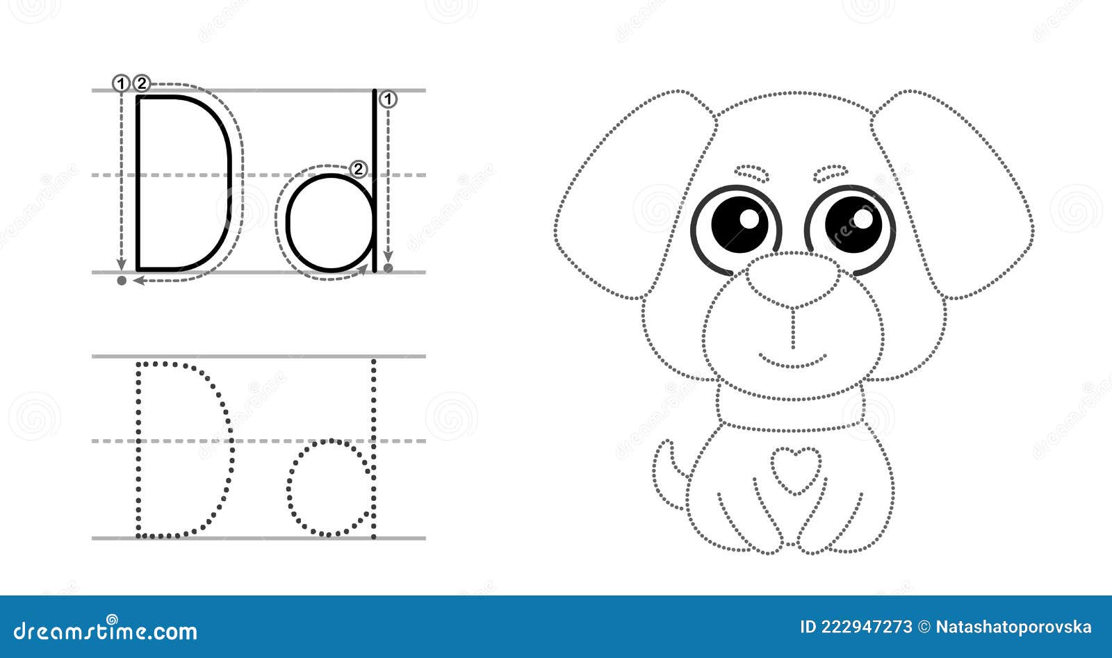 trace the letter and picture and color it. educational children tracing game. coloring alphabet. letter d and funny dog