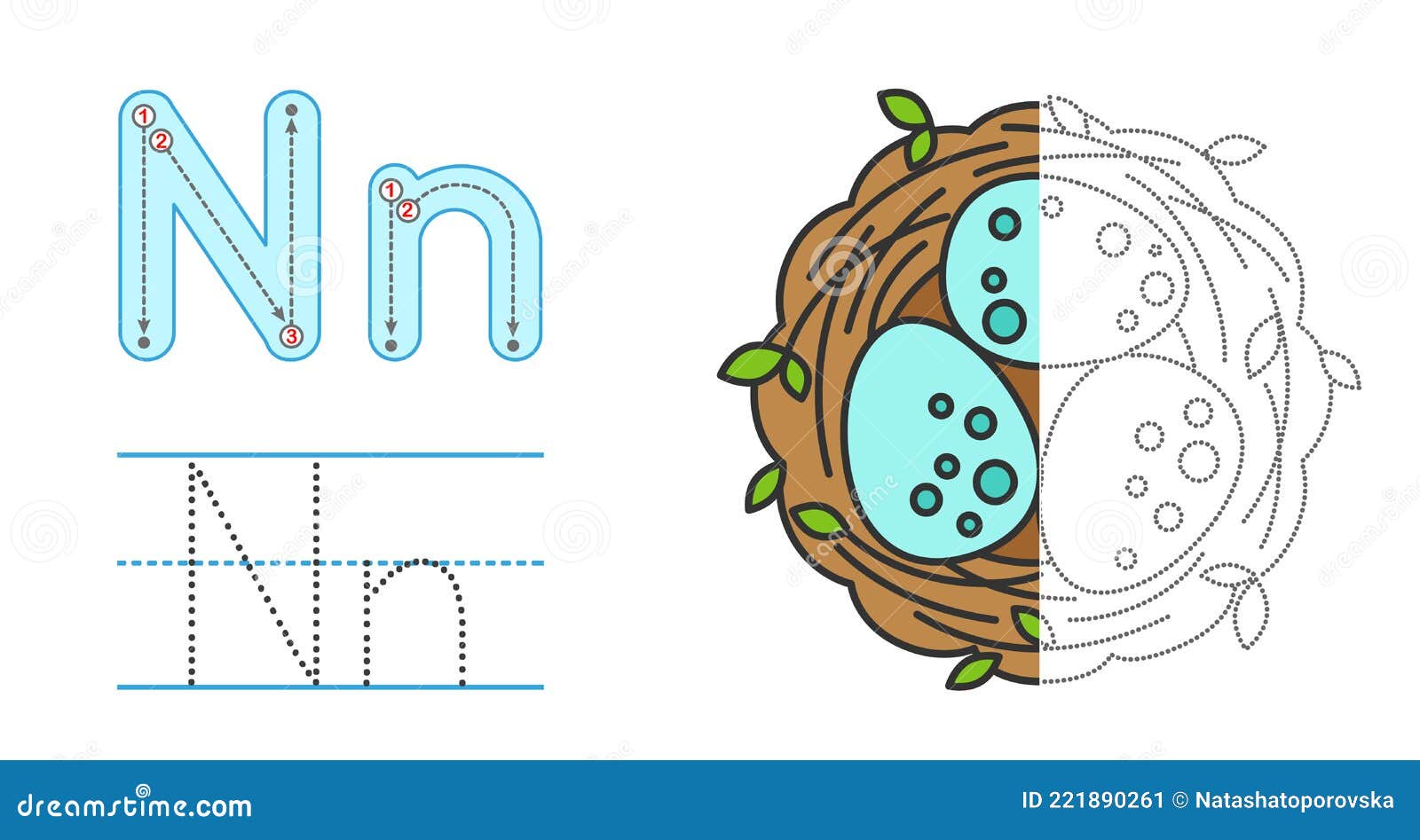 trace the letter and picture and color it. educational children tracing game. coloring alphabet. letter n and nest with