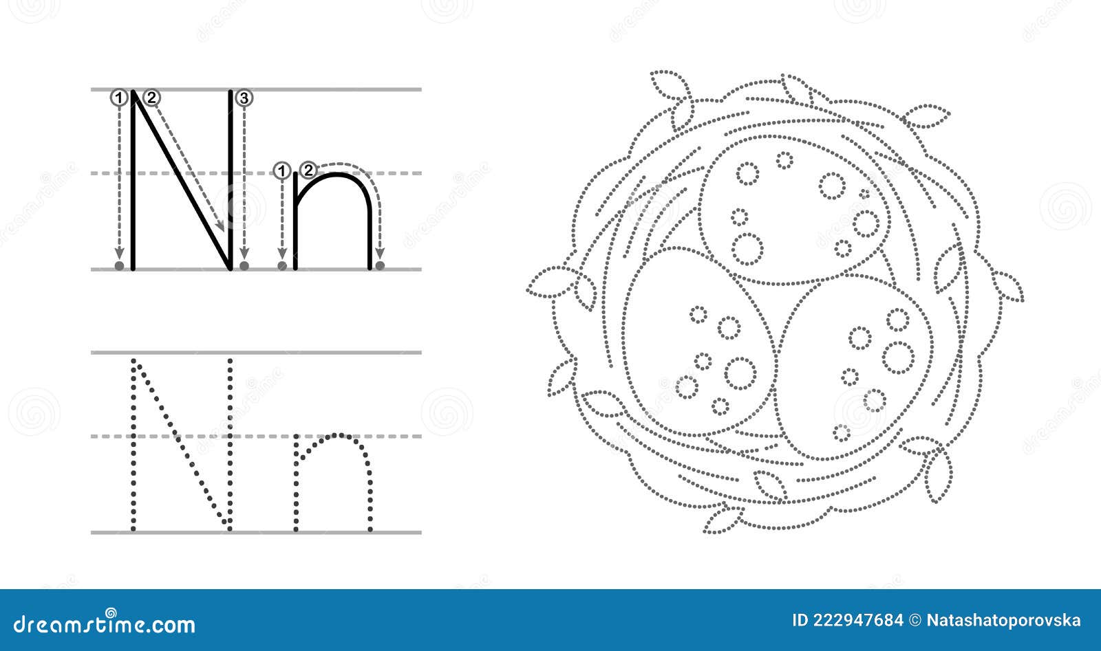 trace the letter and picture and color it. educational children tracing game. coloring alphabet. letter n and nest with