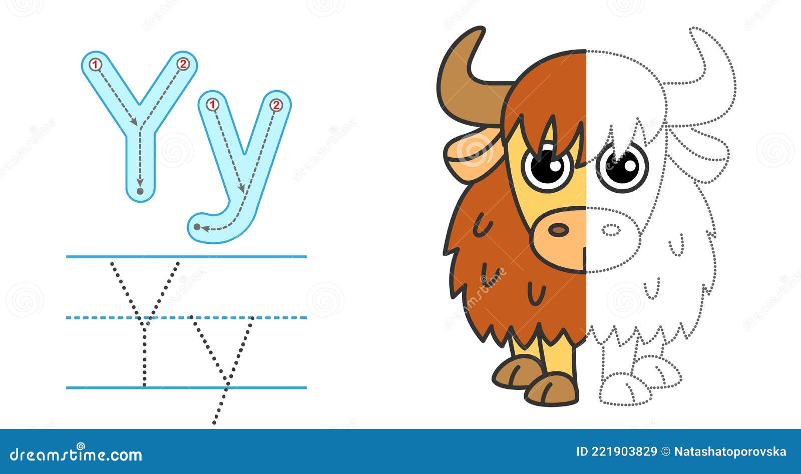 trace the letter and picture and color it. educational children tracing game. coloring alphabet. letter y and funny yak