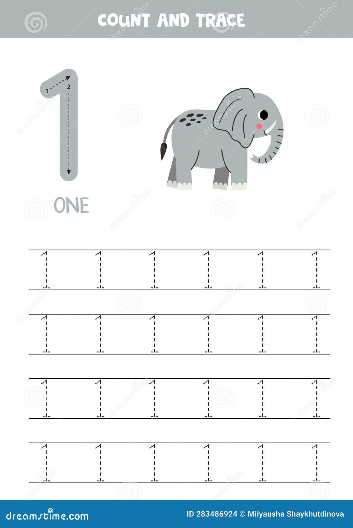 Trace Numbers. Number 1 One. Cute Cartoon Elephant Stock Vector ...