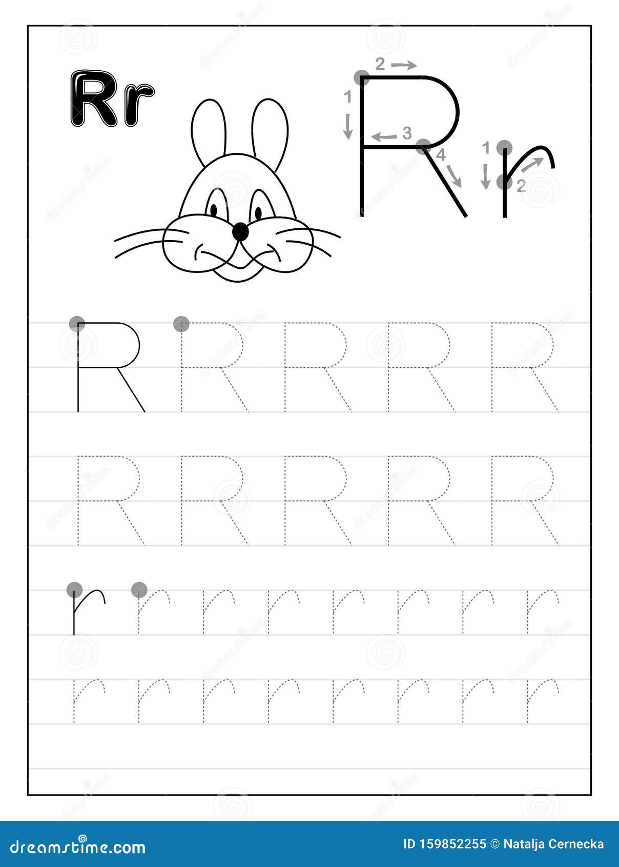 tracing alphabet letter r black and white educational pages on line for kids printable worksheet for children textbook stock vector illustration of educational capital 159852255