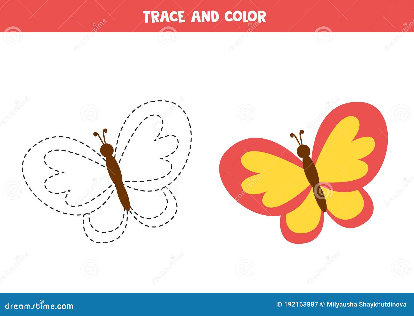 Tracing and Coloring Cute Colorful Butterfly. Writing Practice