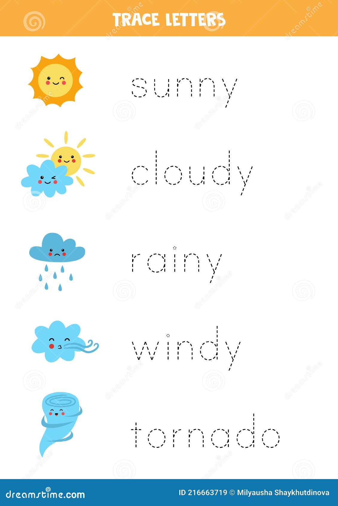 tracing letters with cute kawaii weather events writing practice stock vector illustration of nature printable 216663719