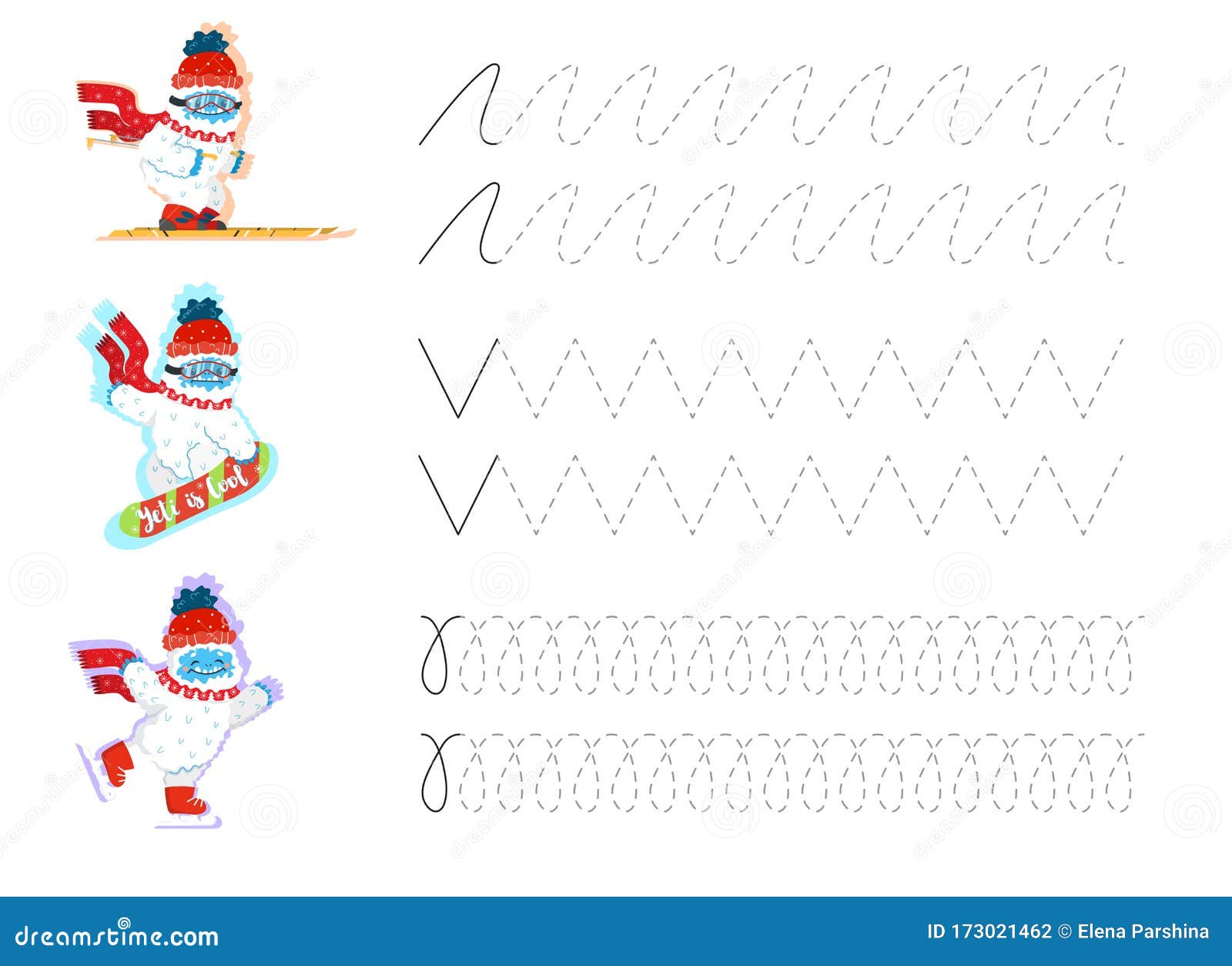 tracing lines and handwriting practice sheet for preschool children with cute snow yeti skiing snowboarding skating writing stock vector illustration of snowboard shape 173021462