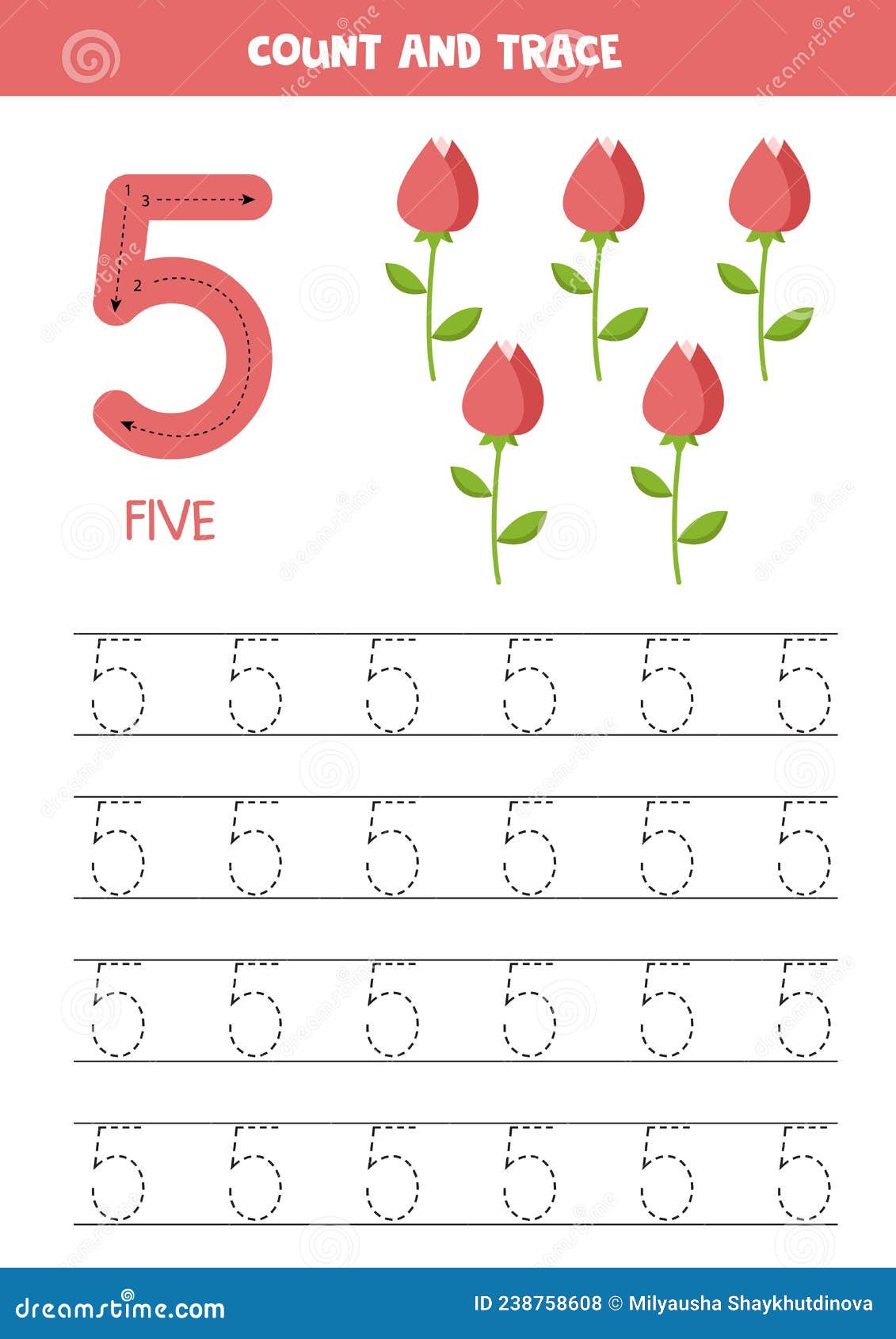 Tracing Number Five. Preschool Worksheet With Roses. Vector ...