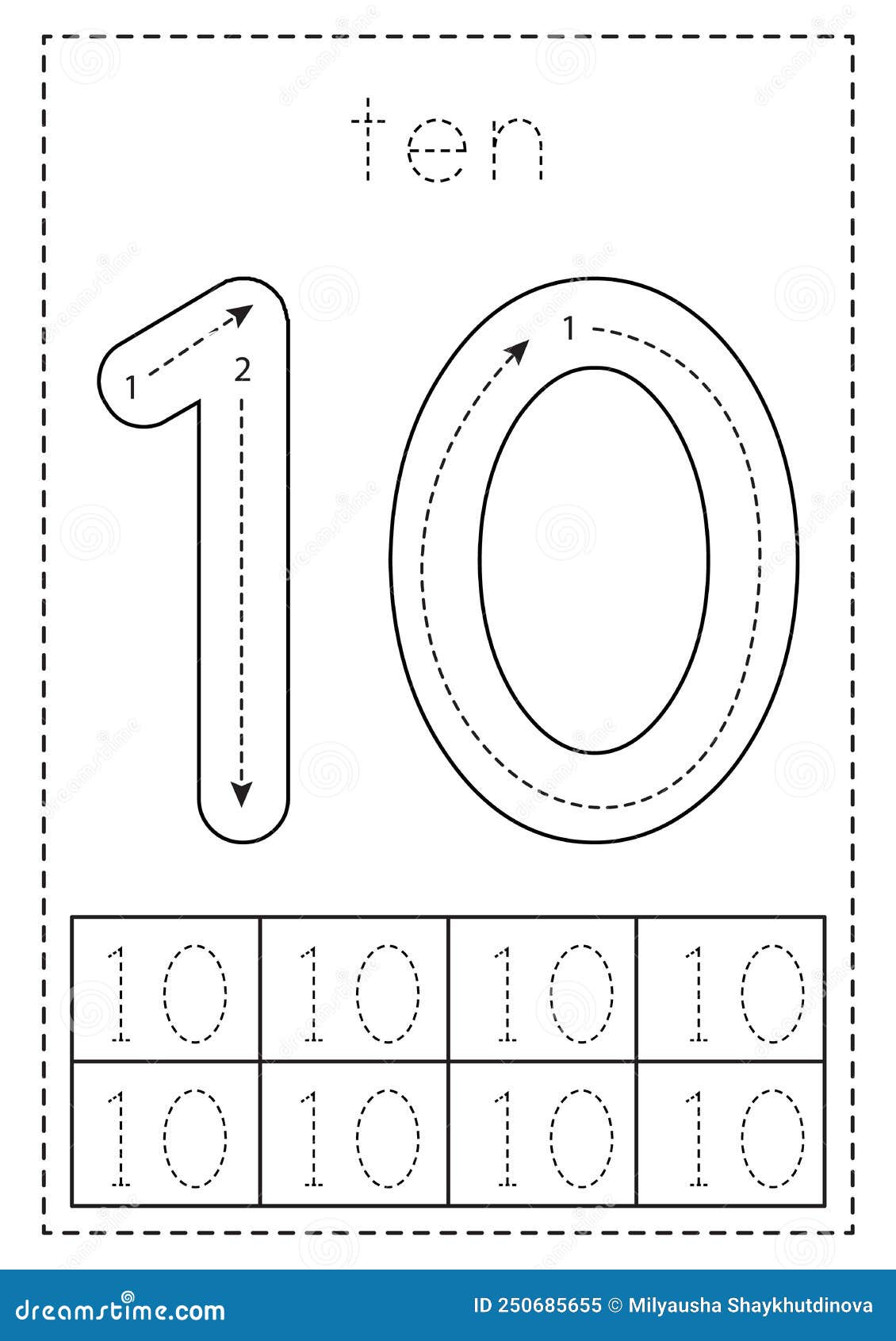 Tracing Number Ten. Preschool Worksheet. Black and White. Stock Vector ...